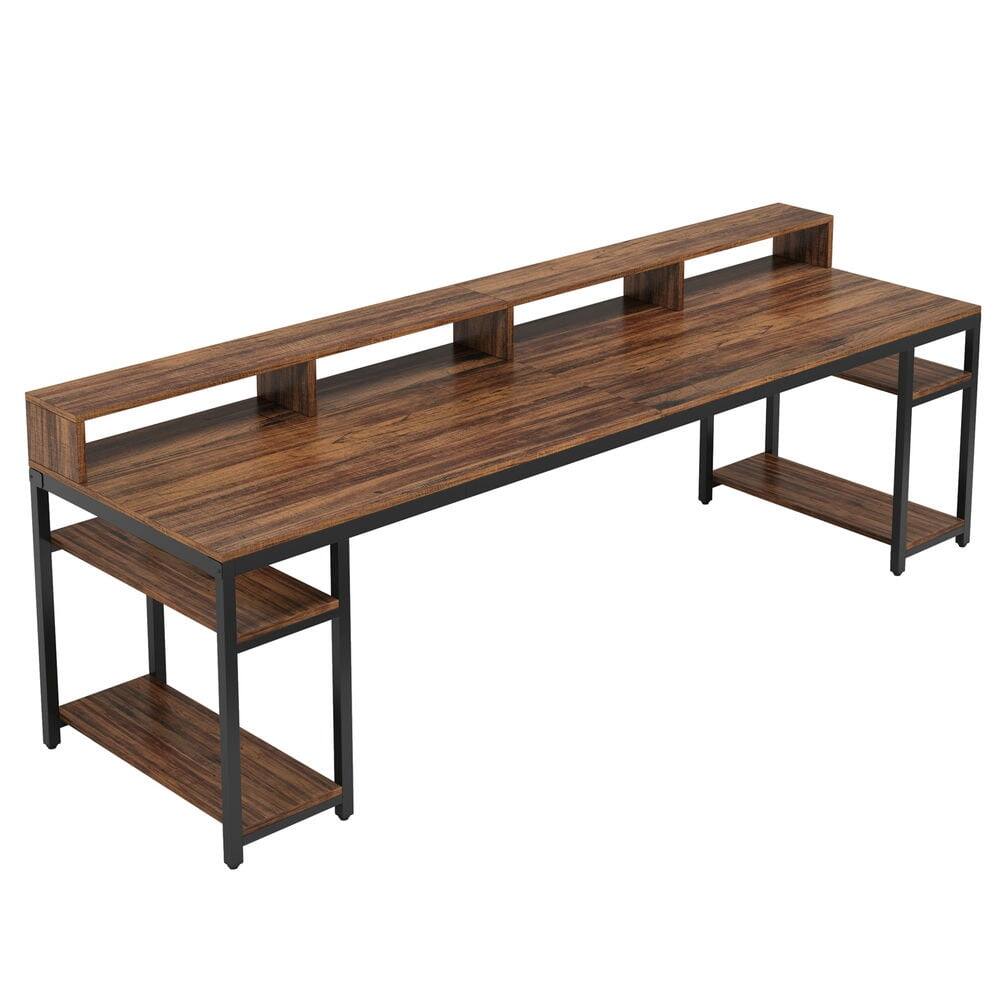Front. Kadyn - Kadyn Study Writing Desk, 79" Two Person Computer Desk With Monitor Stand and 4 Open Shelf,Rustic Brown - Rustic Brown.