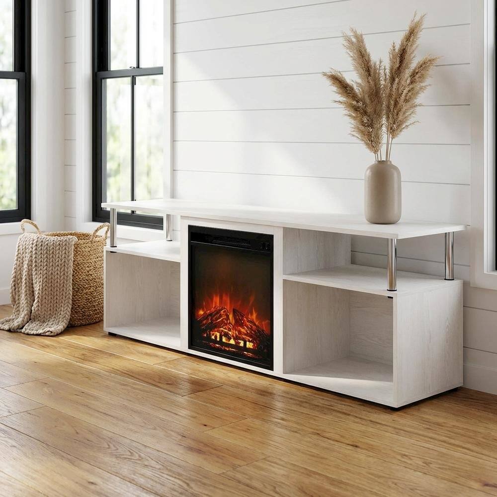 Alt View 1. FurniFact - White Oak, Chrome Fireplace Entertainment Center, TVs up to 70 Inches - White.