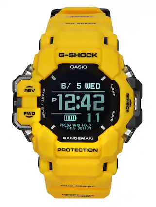 G-SHOCK CASIO REV FWD 6/5 WED START LIGHT P 12:42 STOP 11 BACK PRESS AND HOLD THIS BUTTON SENSOR RANGEMAN PROTECTION MUD RESIST HEART RATE SENSOR