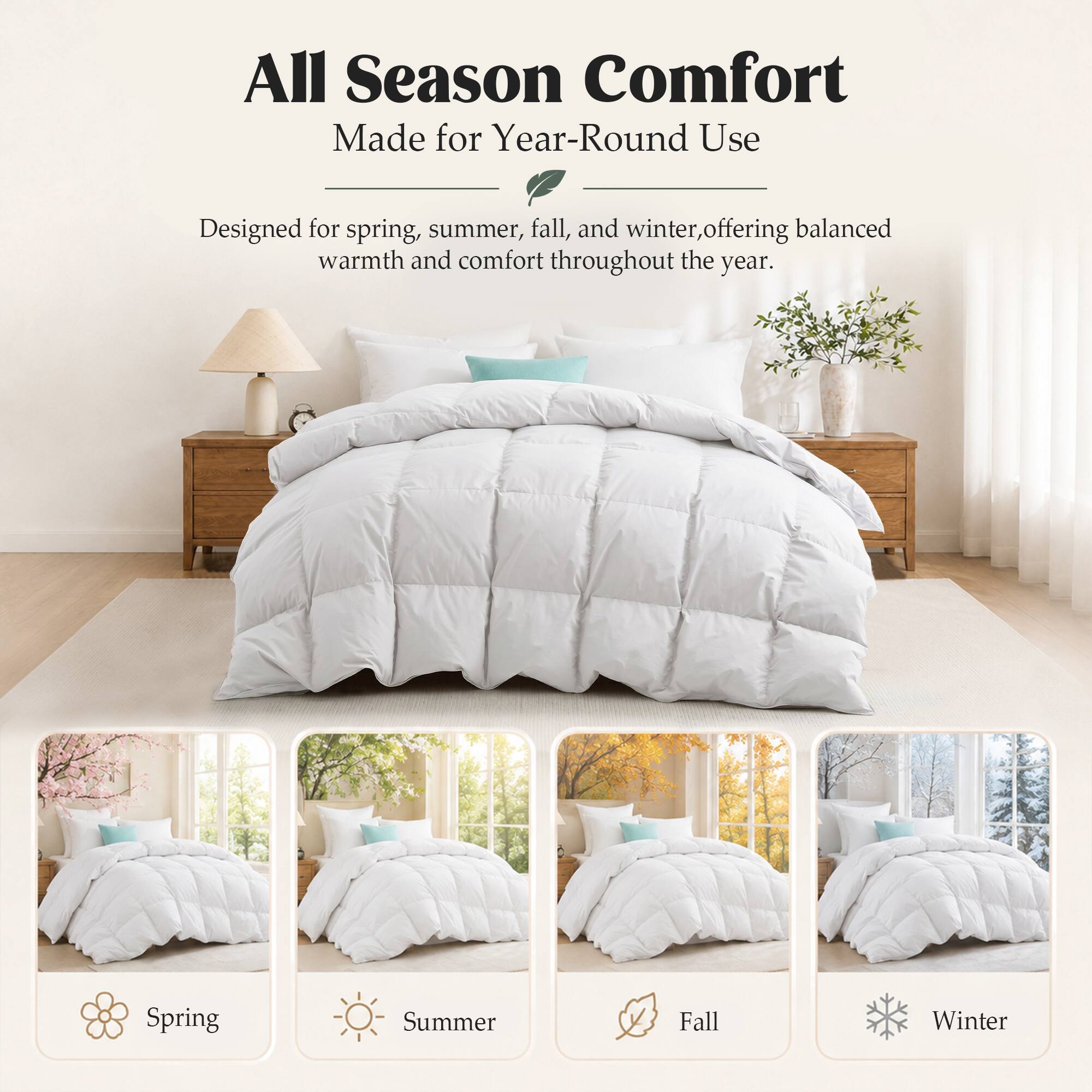 All Season Comfort  
Made for Year-Round Use  

Designed for spring, summer, fall, and winter, offering balanced warmth and comfort throughout the year.  

Spring  
Summer  
Fall  
Winter