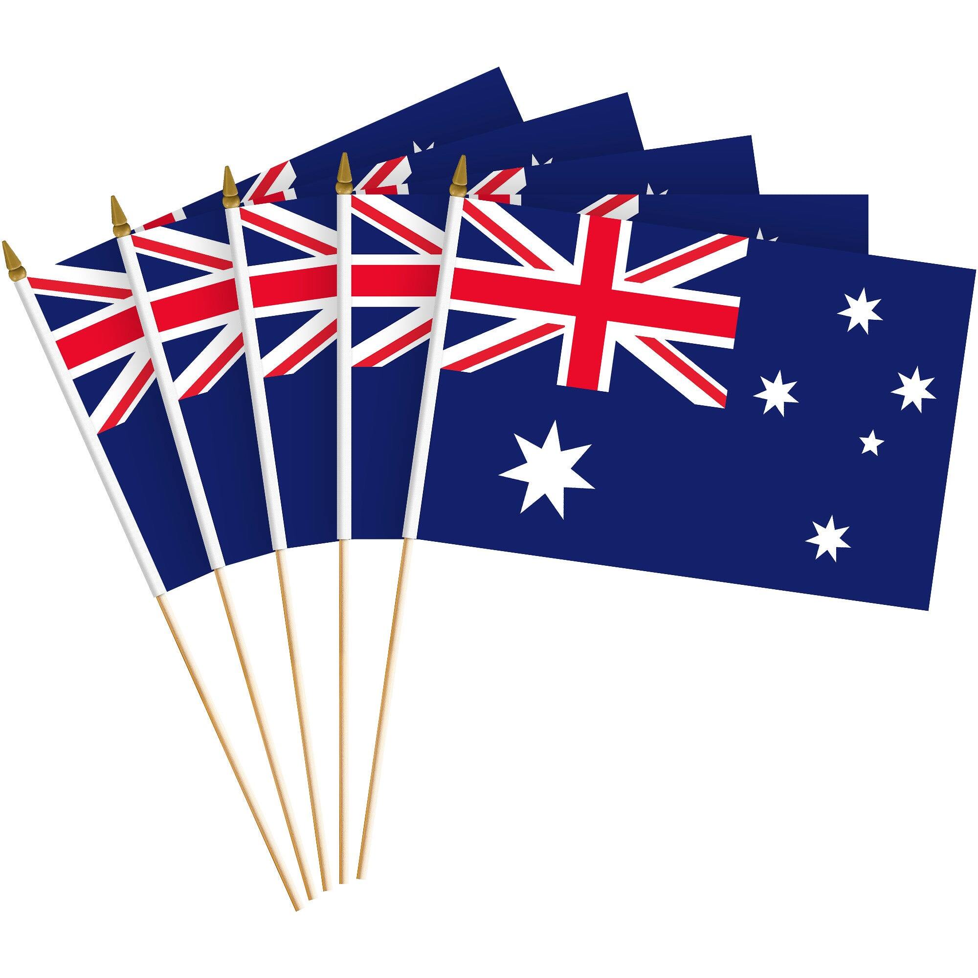 G128 - 50 Pack Handheld Australia Stick Flags — 8 x 12 in 150D Polyester with Wooden Stick & Gold Spear Tip - Assorted Colors