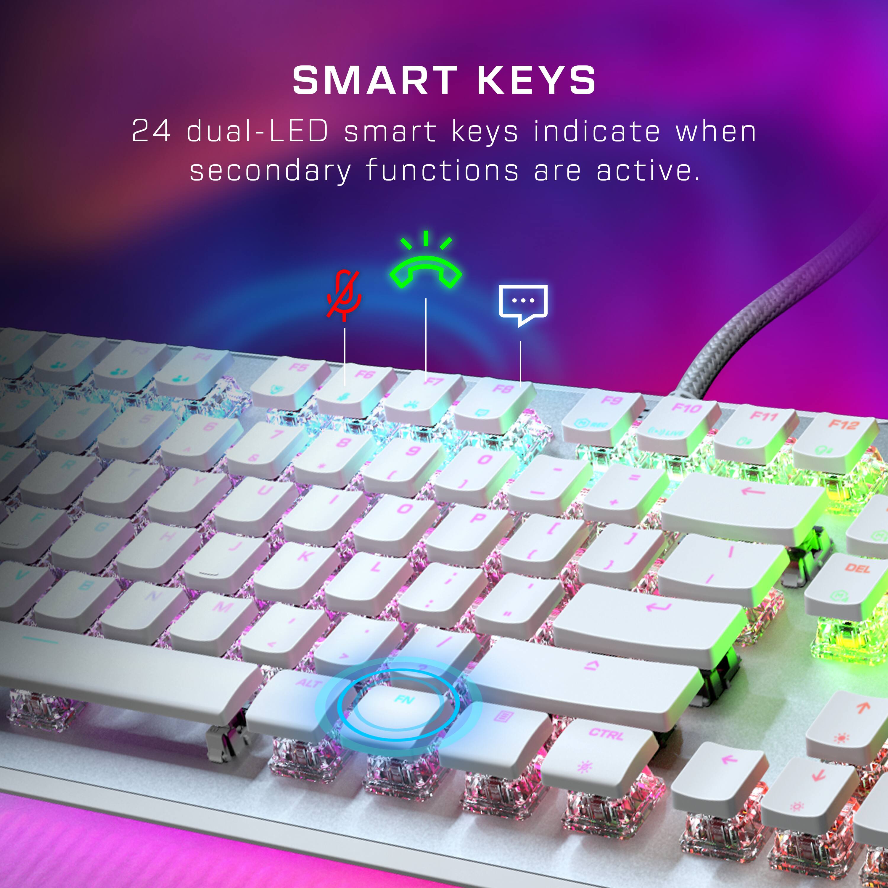 SMART KEYS: 24 dual-LED smart keys indicate when secondary functions are active. F1, FS, P, 4, 24, F5, 24, V, 3, A, 5, 6, 7, E, R & Y, U, F, G, H, J, K, V, B, N, M, F6, F7, I, FB, A, F9, a, F10, OA - PgUv, 8, 9, 0 - E, J, / +, O, P, [1, {L}, J, I, -, F11, OF, 1, F12, O, DEL, ALT, FN, CTRL &.
