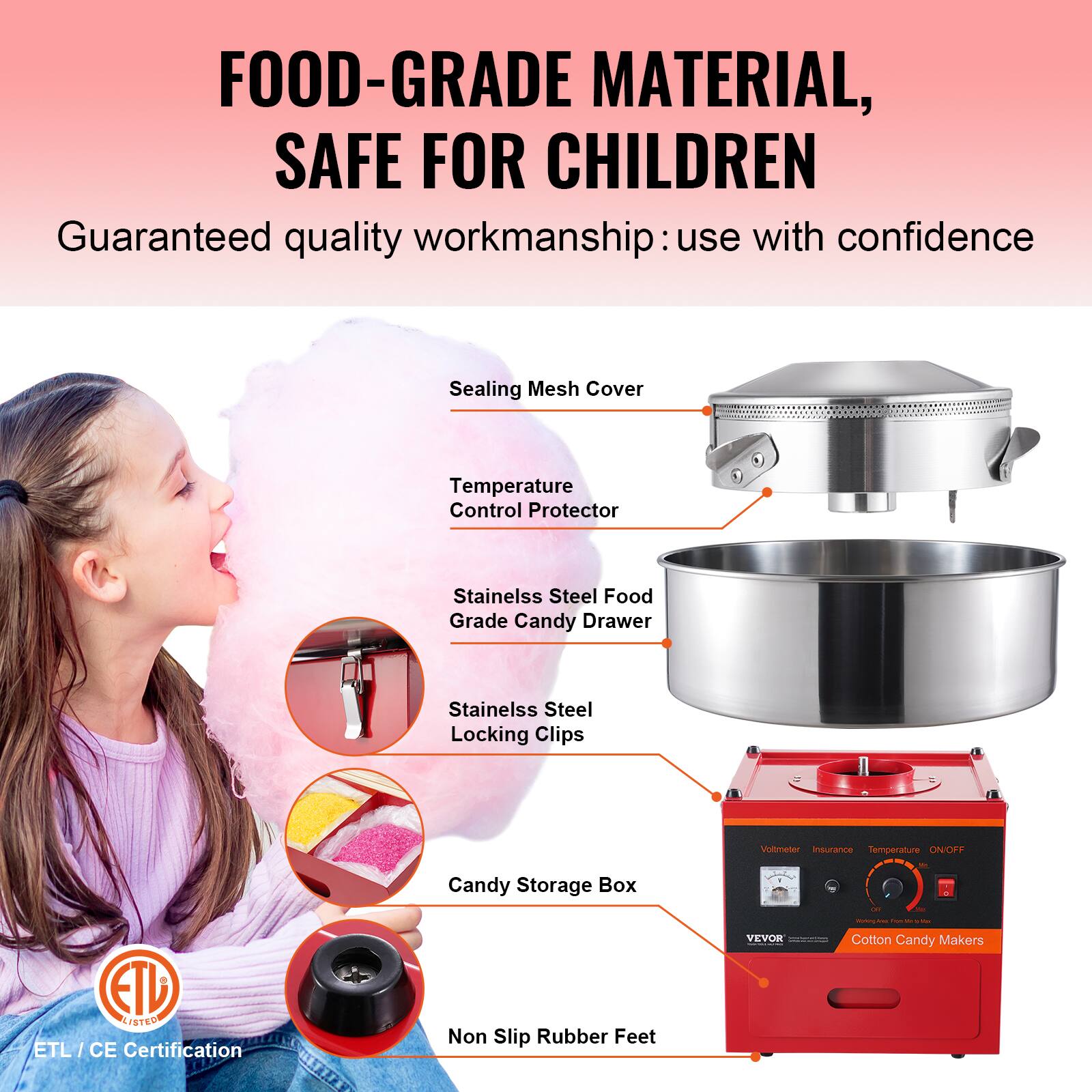 FOOD-GRADE MATERIAL, SAFE FOR CHILDREN

Guaranteed quality workmanship: use with confidence

- Sealing Mesh Cover
- Temperature Control Protector
- Stainless Steel Food Grade Candy Drawer
- Stainless Steel Locking Clips
- Candy Storage Box
- Non Slip Rubber Feet

ETL LISTED
ETL / CE Certification

Cotton Candy Makers