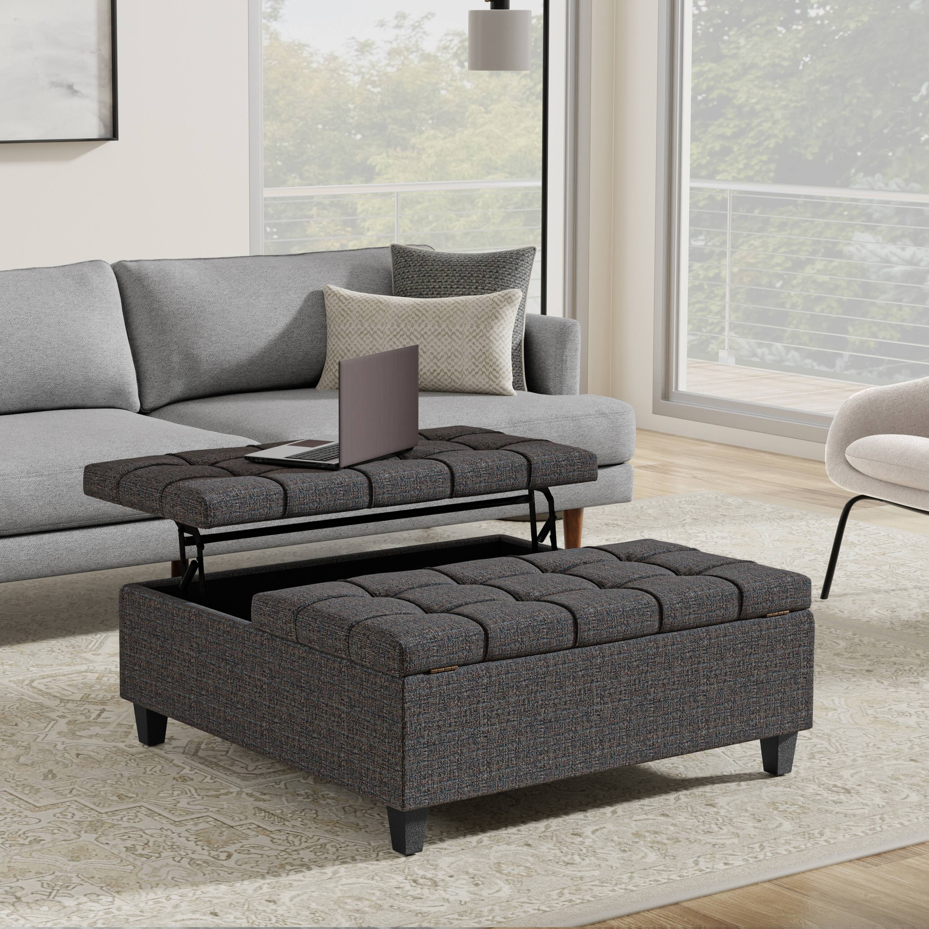 Angle. Simpli Home - Harrison 40 inch Wide Large Square Coffee Table Storage Ottoman in Ebony Polyester Tweed - Ebony.