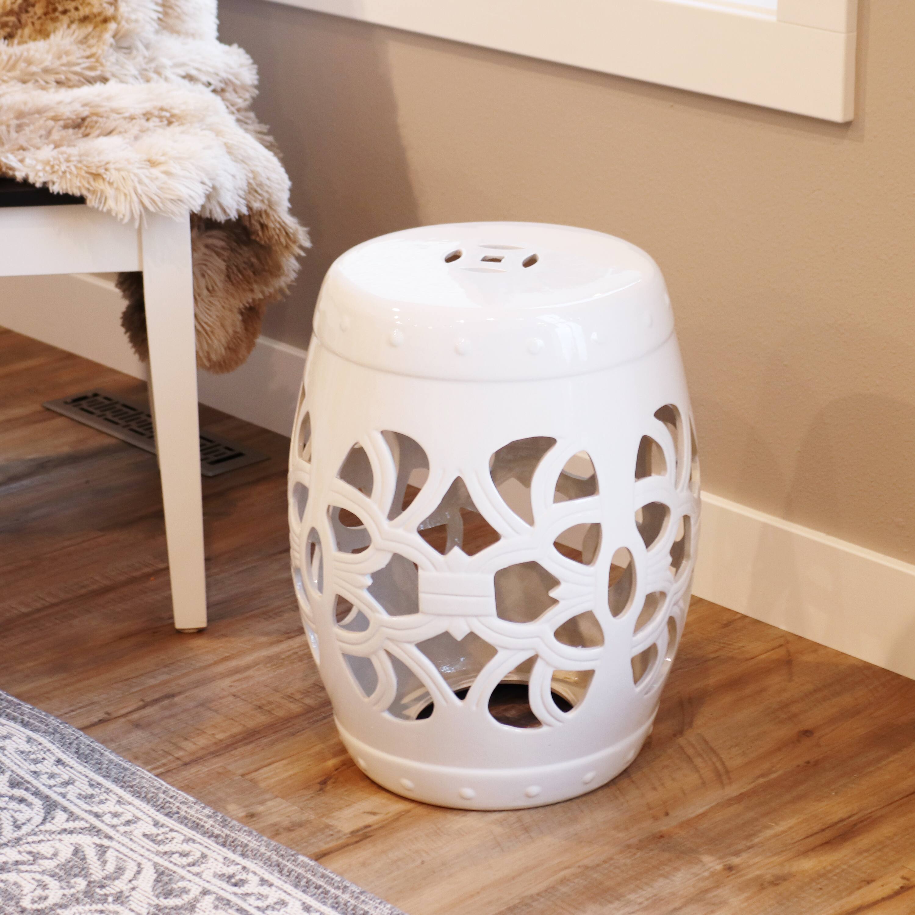 Alt View 3. Sunnydaze - 18 in Knotted Quatrefoil Ceramic Glaze Garden Stool - White.