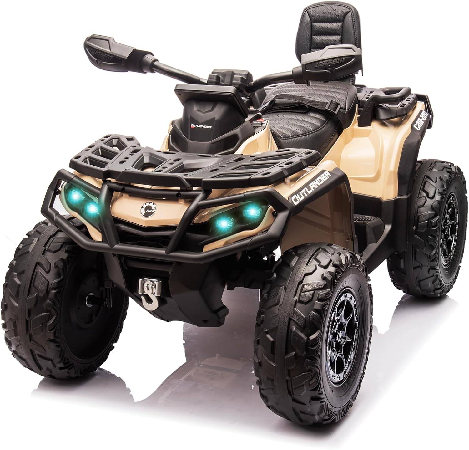 GARVEE - 24V Licensed Can-Am 2-Seater Ride-On ATV for Kids, 4WD, 3-Speed, Bluetooth, LED Lights, Leather Seats, Off-Road Toy - Brown