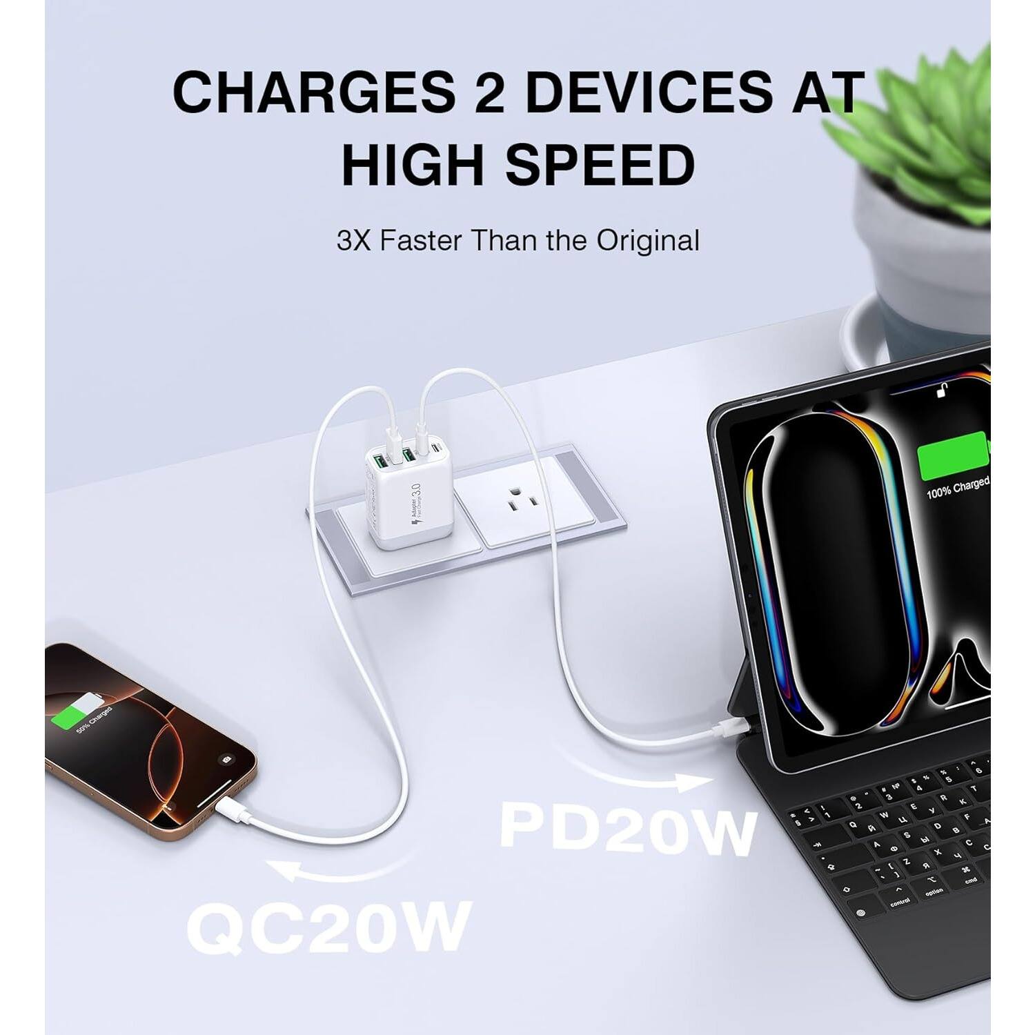 CHARGES 2 DEVICES AT HIGH SPEED  
3X Faster Than the Original  

PD20W  
QC20W