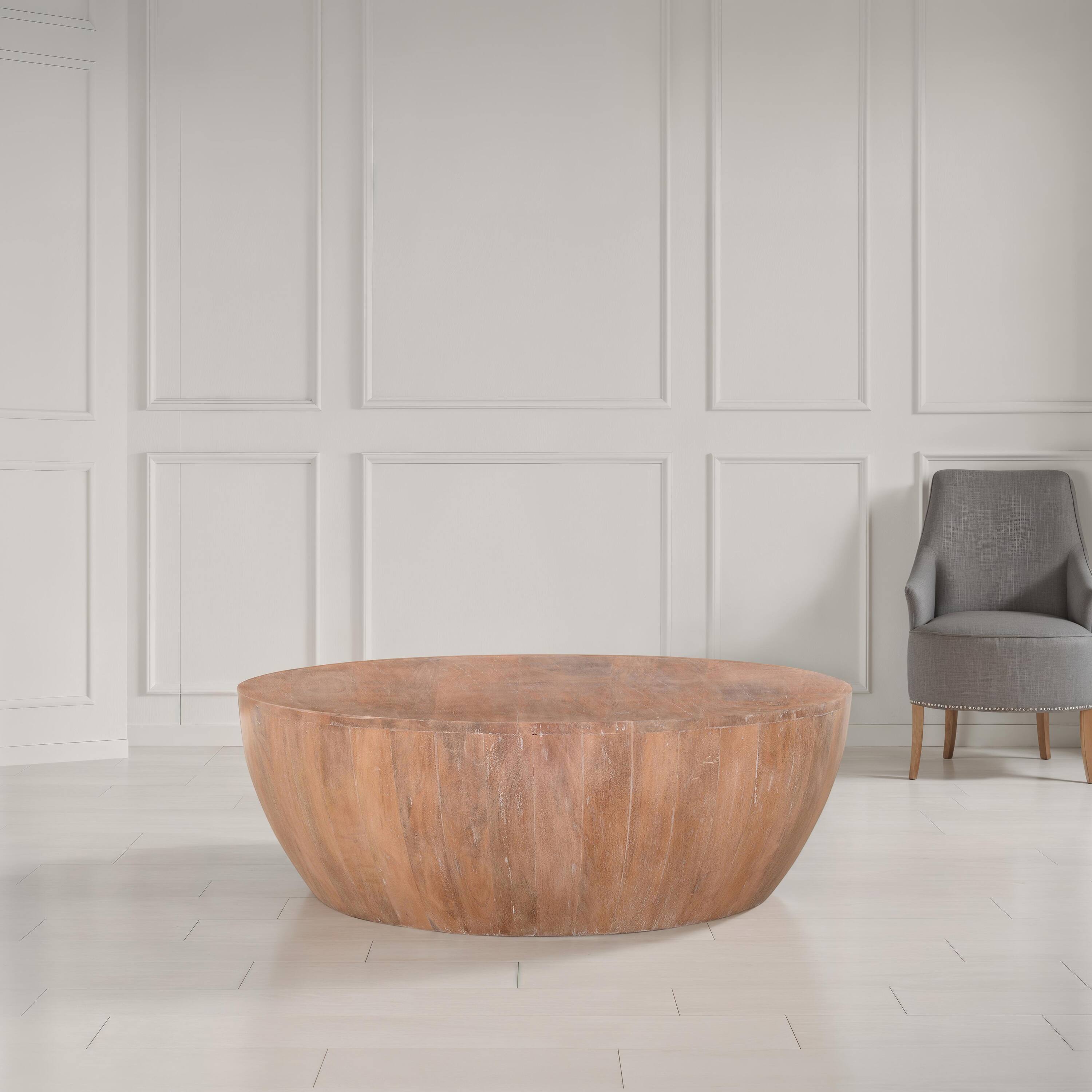 Alt View 7. Manhattan Lane - Arthur Drum Shape Wooden 35.5 Inch Coffee Table with Plank Design Base - Brown.