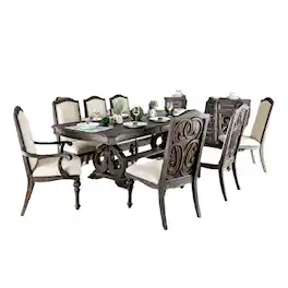 Manhattan Lane - Arca 9pc Dining Table Set with 8 Ivory Fabric Chair, Rustic Solid Wood - Natural Brown, Ivory