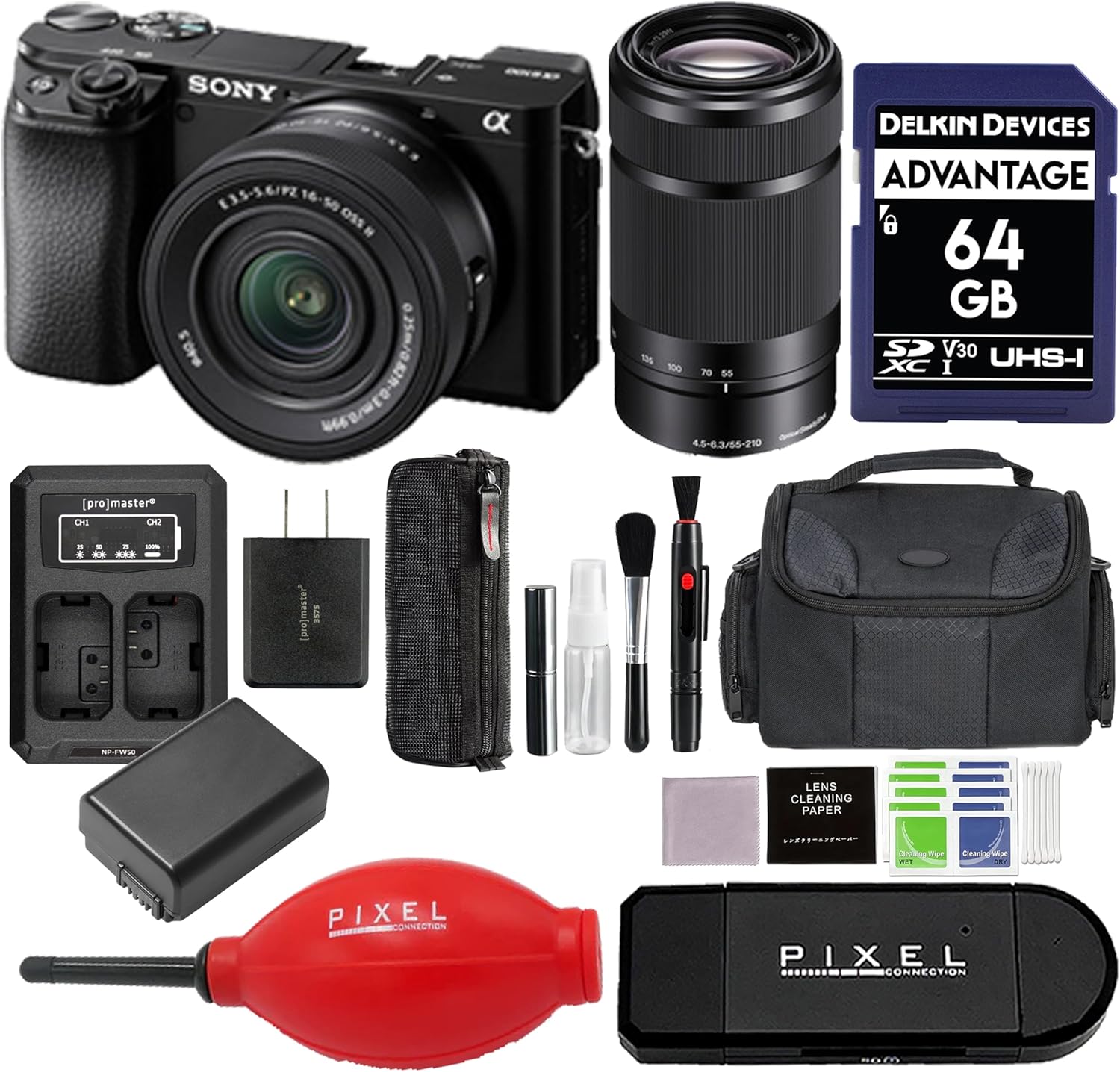 SONY α ES-URZ 16-50055H $405  
[pro]master* pro mP 130 100 70 as 4.5-6.3/55-210  
DELKIN DEVICES ADVANTAGE 6 64 GB SP V30 UHS-I XC I  
Jasteod  
MELPW LENS CLEANING PAPER  
CrVng wer Ce PIXEL CONNECTION PIXEL CONNECTION
