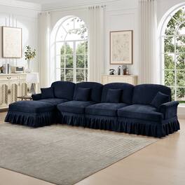 Anysun - Classic L-Shape Chenille 4-Seat Sectional with Ottoman - Flared Arms, Ruffled Skirt & Spindle Legs, Deep Seat - Blue