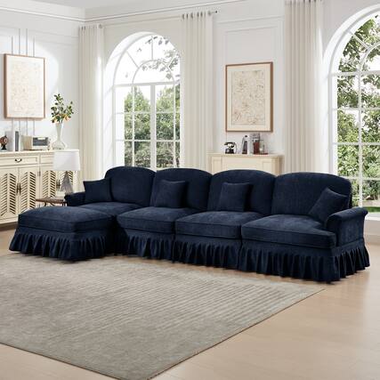 Front. Anysun - Classic L-Shape Chenille 4-Seat Sectional with Ottoman - Flared Arms, Ruffled Skirt & Spindle Legs, Deep Seat - Blue.
