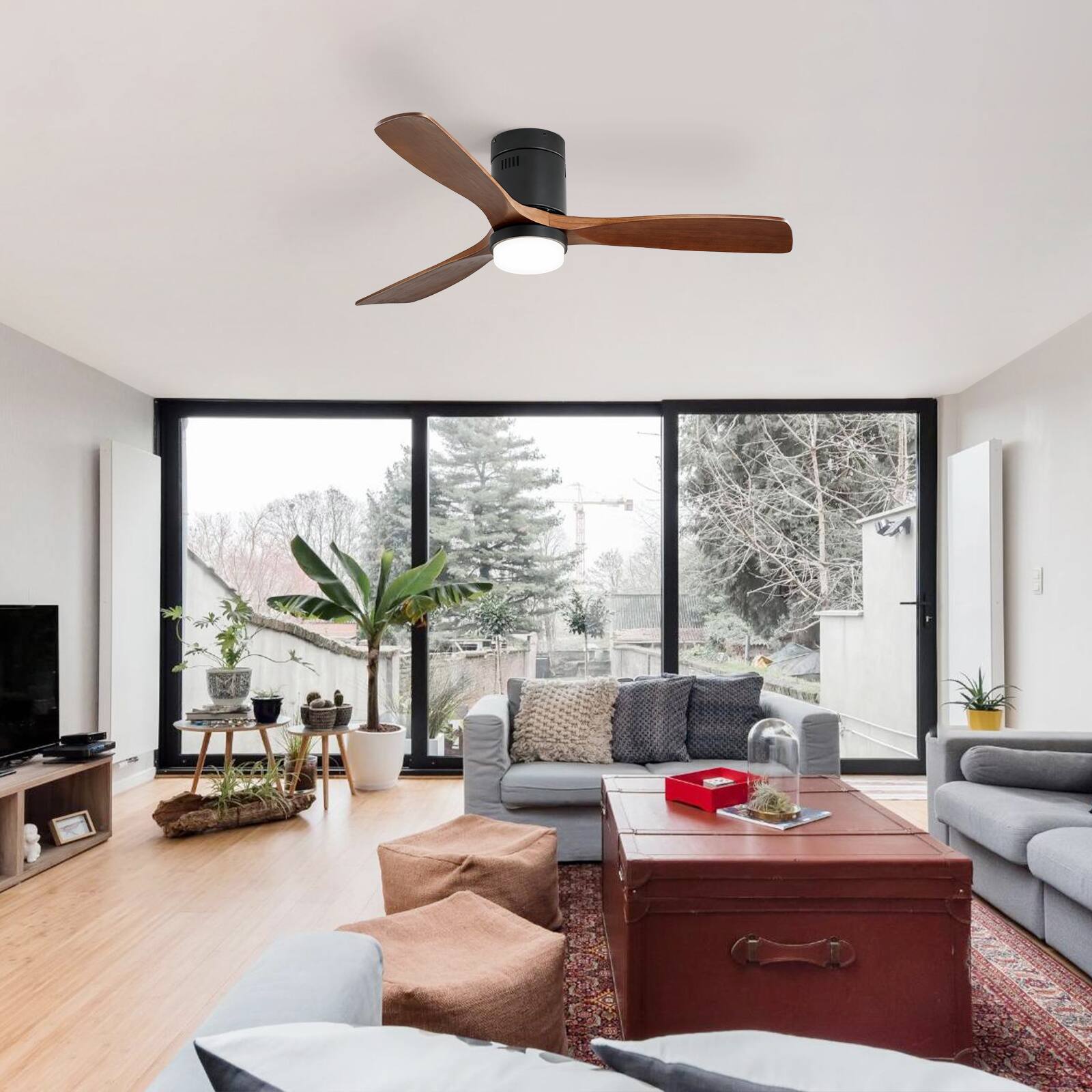 Alt View 4. Sofucor - 52'' Smart Flush Mount Ceiling Fan With Integrated LED Light Voice & App & Remote Control for Bedroom/Farmhouse/Outdoor - Black-Walnut Wood.