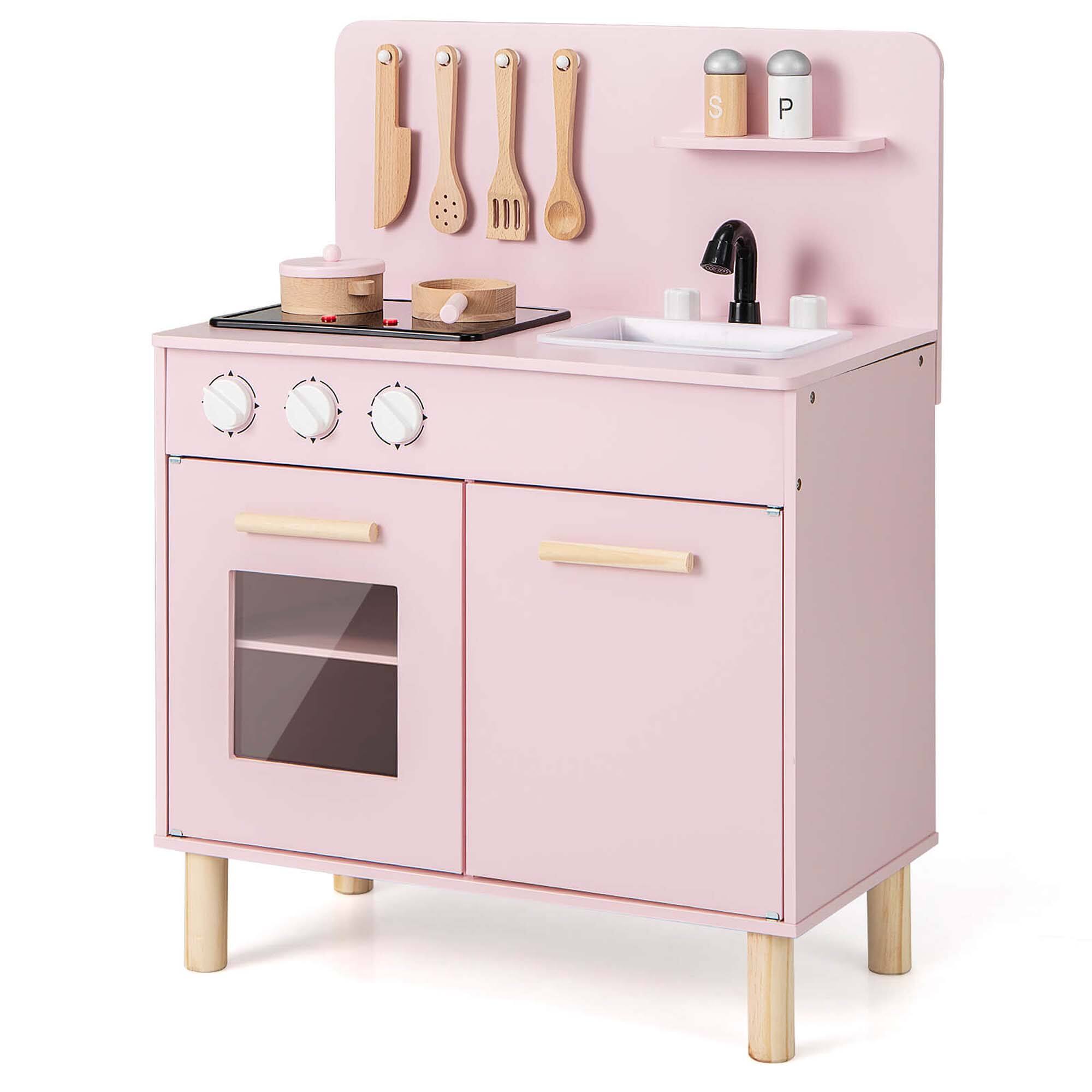 Costway - Kids Kitchen Playset with Light up Stove & Cooking Sounds Oven Sink Faucet - Pink