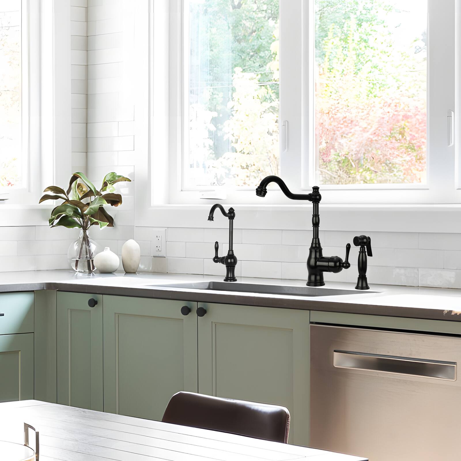 Alt View 4. Akicon - Akicon Solid Brass One-Handle 360° Swivel Widespread Kitchen Faucet with Side Spray in Matte Black - Matte Black.