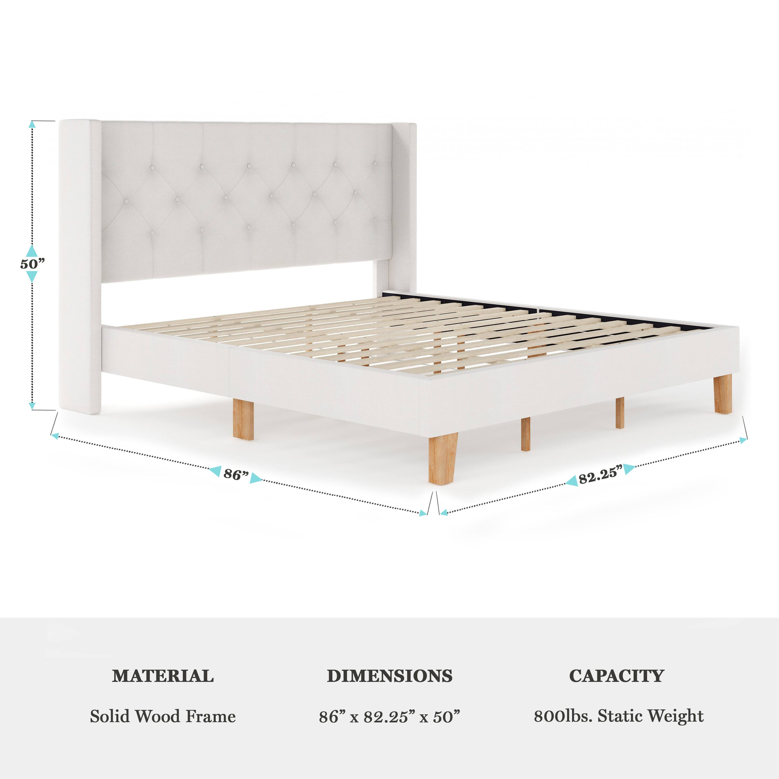 50" x 86" x 82.25"  
MATERIAL: Solid Wood Frame  
DIMENSIONS: 86" x 82.25" x 50"  
CAPACITY: 800lbs. Static Weight
