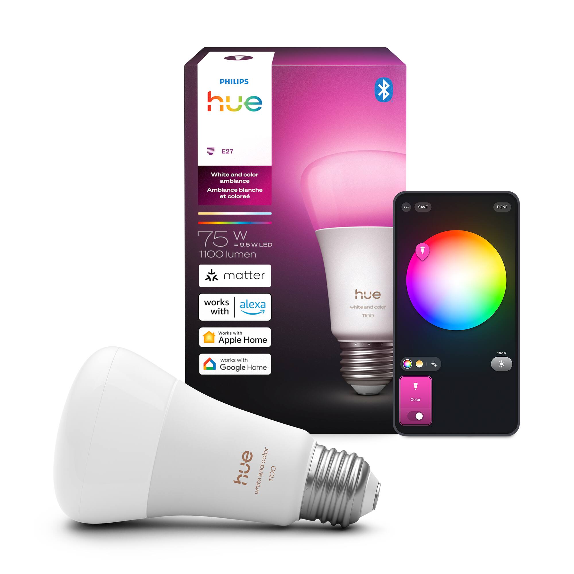 A PHILIPS hue E27 White and color ambiance Ambiance blanche et colorée - 75 W - 1100 lumen LED - Works with matter, Alexa, Apple Home, Google Home - Cobre color hue white and 1100