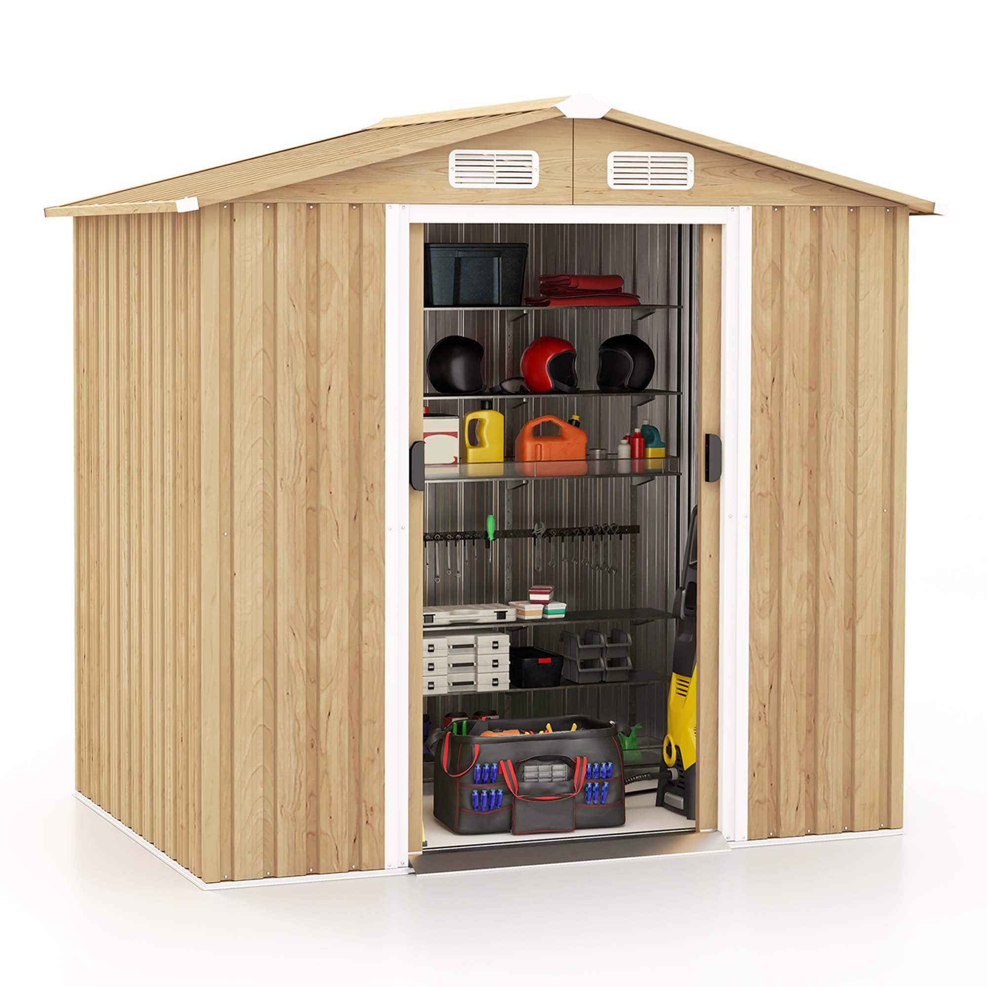 Costway - 6 x 4 FT Outdoor Storage Shed Galvanized Steel Shed with Sliding Doors Wood Grain - Natural