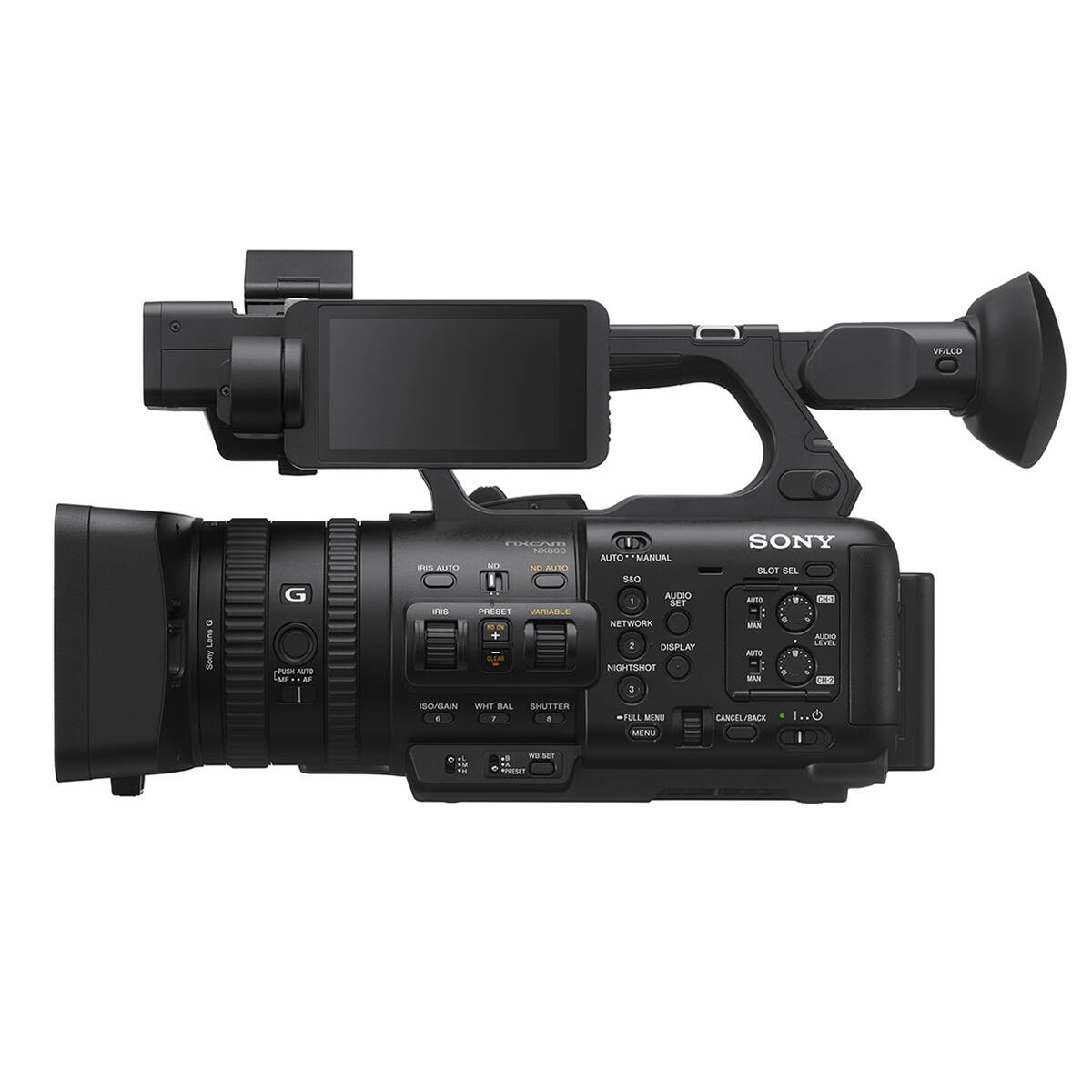 VR/LCO  
Lens  
G PHIN AUTO MI  
NXCAM NX800 RIS AUTO ND NO.AUTO INS PRESET VARIABLE NO IN + CLEAR  
U AUTO MANUAL S&Q AUDIO I SET NETWORK 2 DISPLAY NIGHTSHOT 3  
SONY SLOT SEL AUTO C+1 MAN AUDIO LEVEL AUTO MAN CH2  
ISO/GAIN WHT BAL SHUTTER 4 F 8  
FULL MENU MENU  
CANCEL/BACK  
at, wa y  
are SET ALA *PRESET