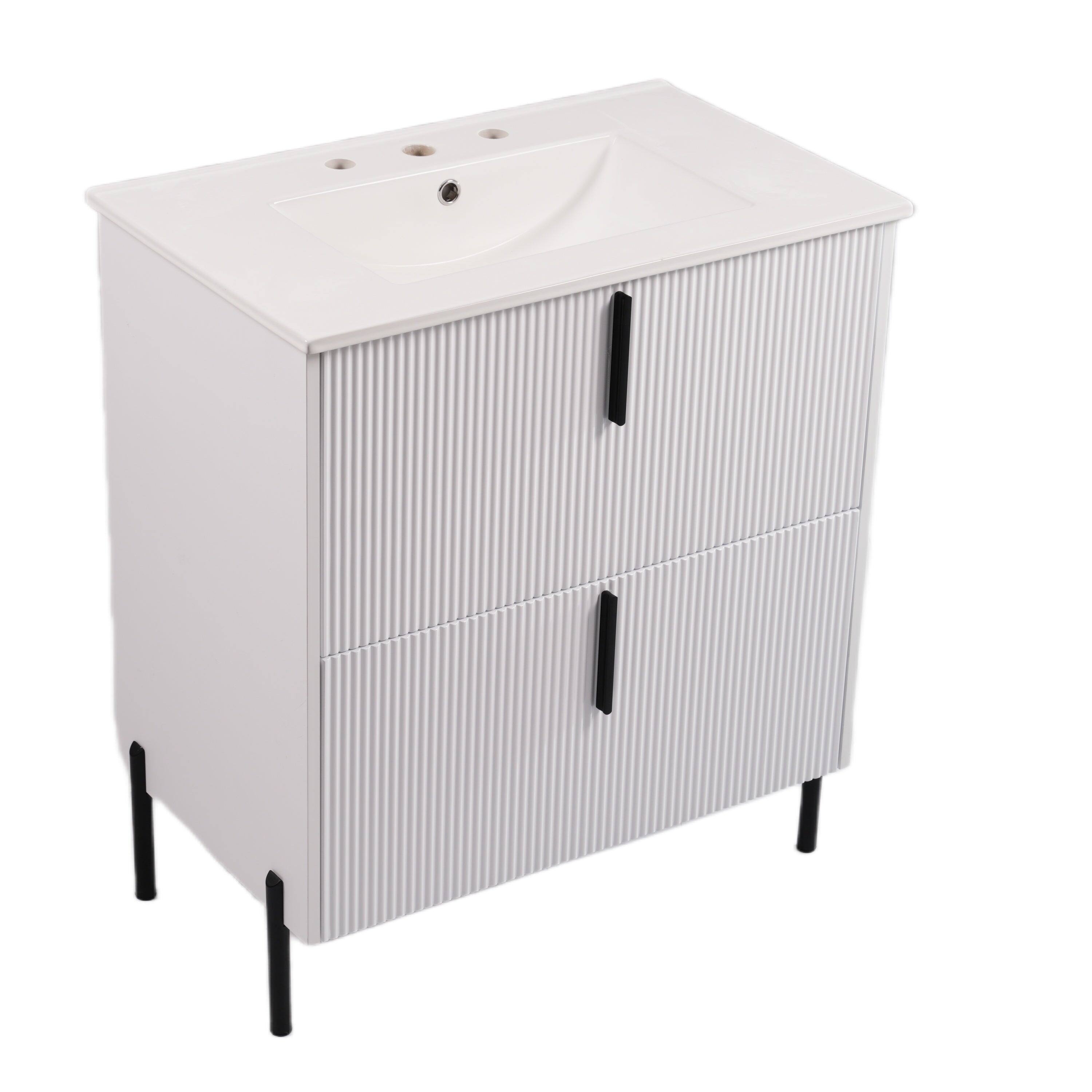 Back. Boyel Living - 30 Inch Bathroom Vanity with Ceramic Sink Full Extension Drawers Soft Close Fluted Design White - White.