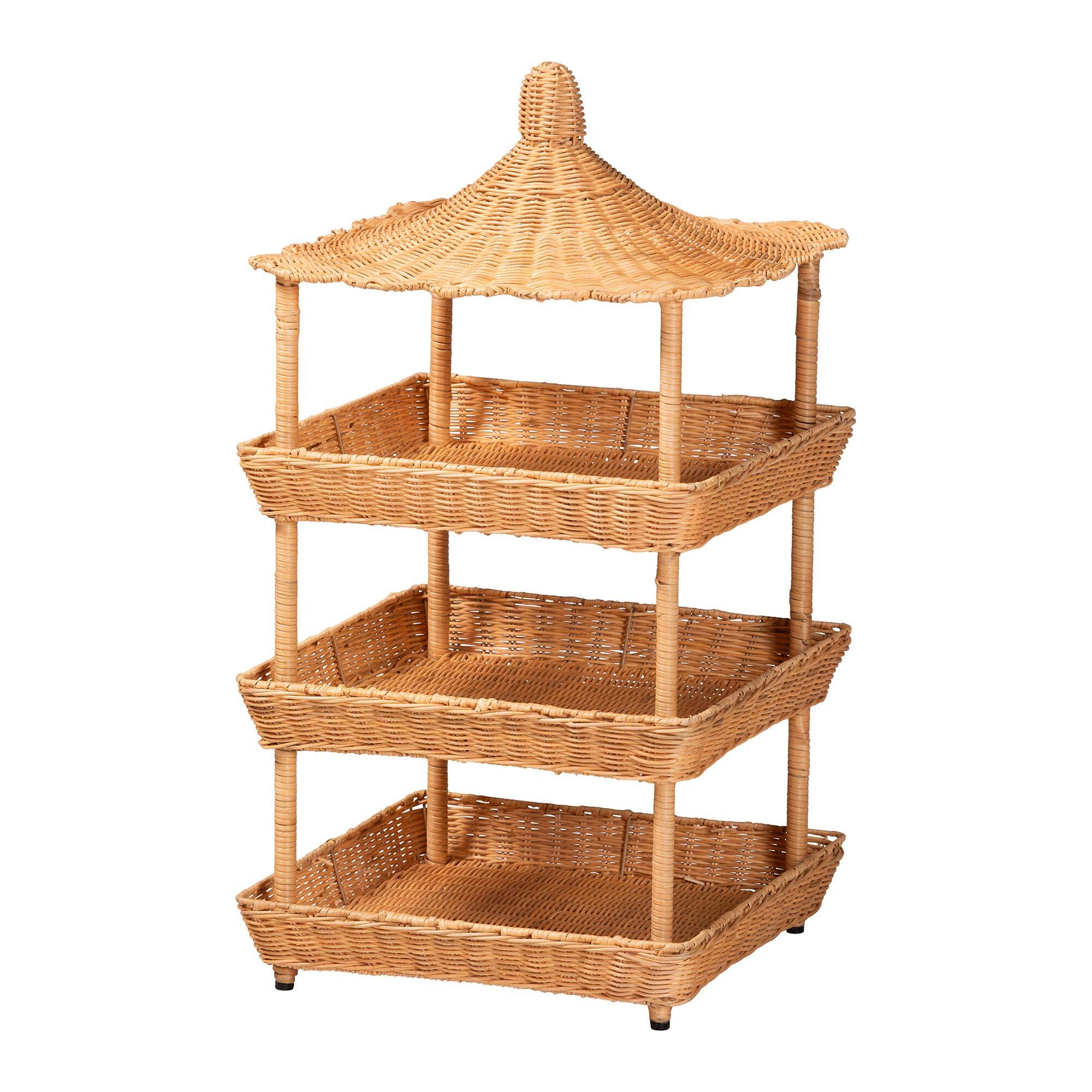 Front. bali & pari - bali & pari Asante Natural Rattan 3-Tier Display Shelf with Pagoda Top - Light Honey.