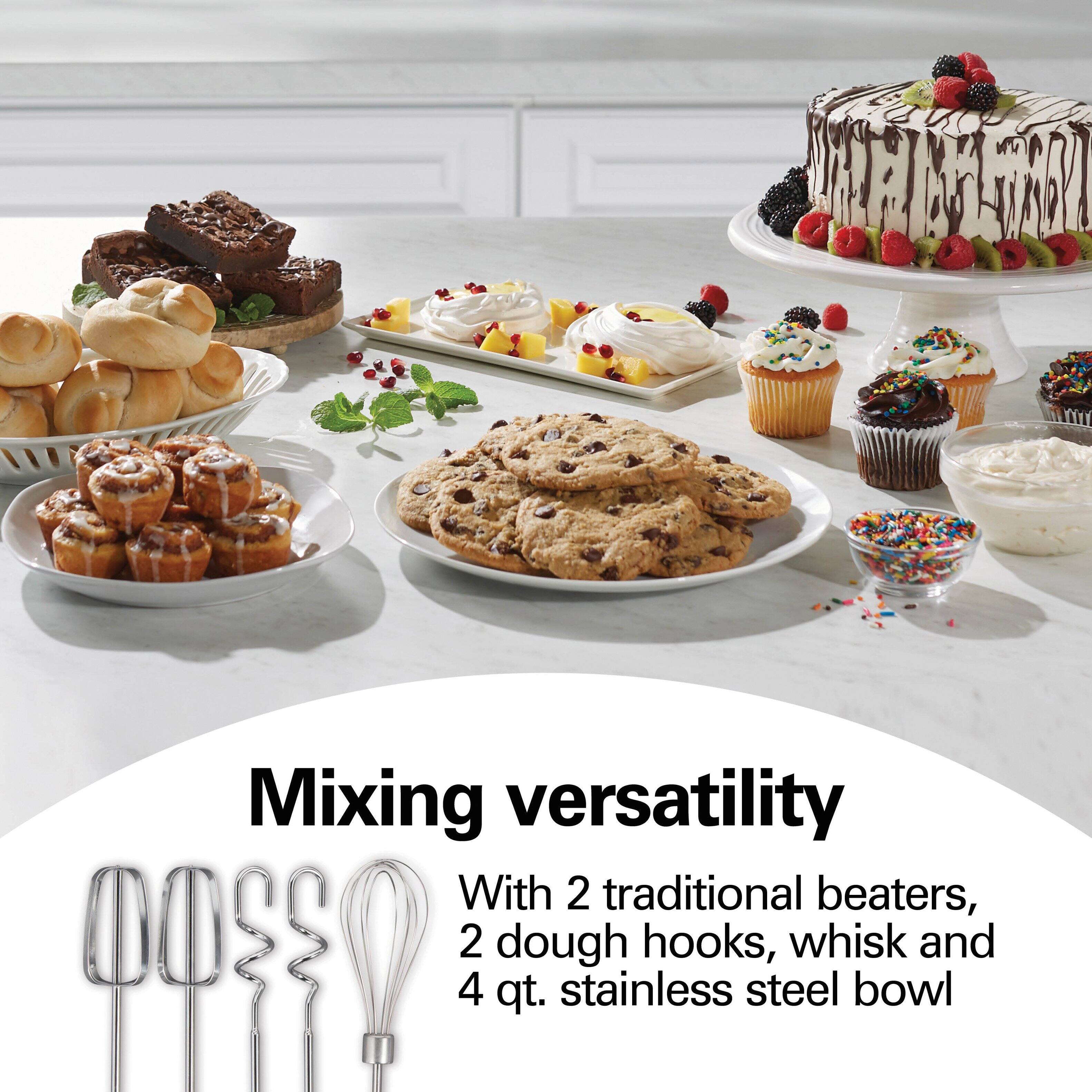 Mixing versatility  
With 2 traditional beaters, 2 dough hooks, whisk and 4 qt. stainless steel bowl