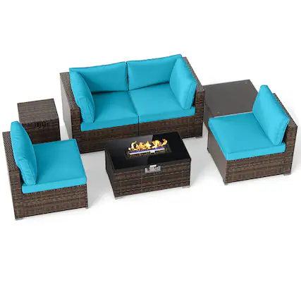 Front. Costway - Costway 7 PCS Patio Furniture Set 40,000 BTU Gas Fire Pit Table Propane Tank Cover Table - Mix Brown+Turquoise.