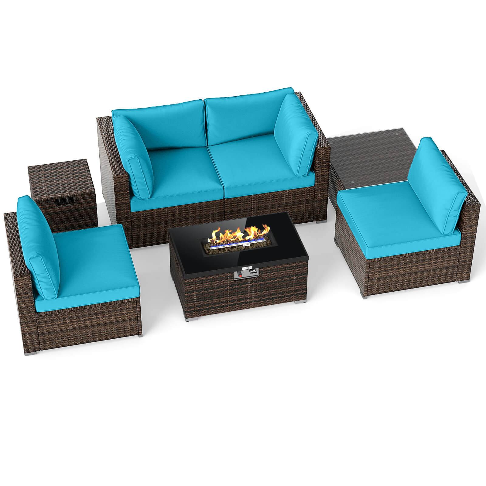 Front. Costway - Costway 7 PCS Patio Furniture Set 40,000 BTU Gas Fire Pit Table Propane Tank Cover Table - Mix Brown+Turquoise.