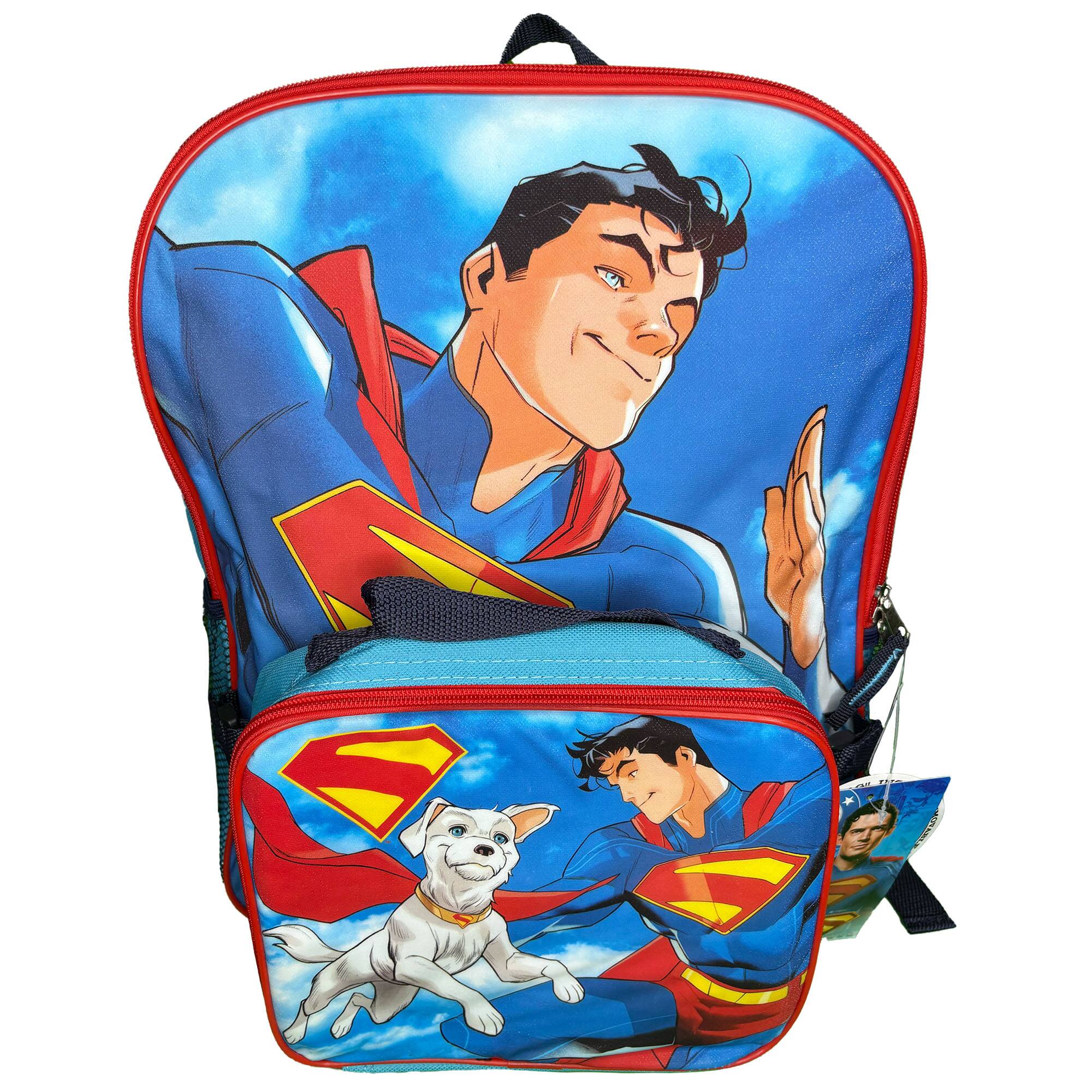 Front. DC Comics - DC Superman 16" School Backpack with Large Pocket & Rectangular Lunch Bag - Blue.