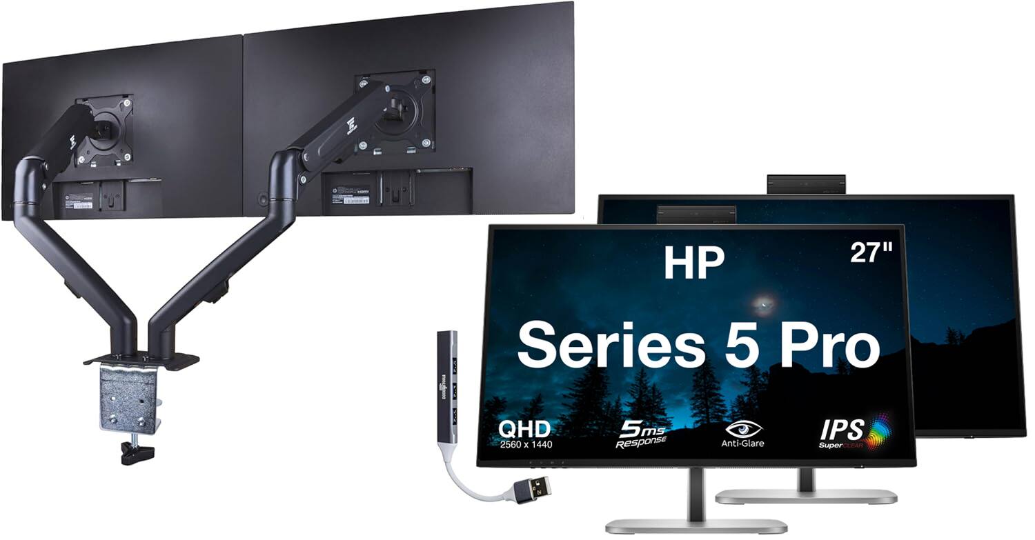 HP - Series 5 Pro 27" QHD IPS Monitor, Flicker Free, Displayport, HDMI, 2 Pack w/DKZ Hub & ErgoFlexy Dual Mount Arms - Jet Black