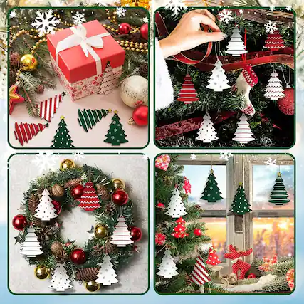 Front. RTMB - 36 Pcs Wooden Christmas Tree Ornaments – Rustic Farmhouse Red, Green, White - Xmas tree.