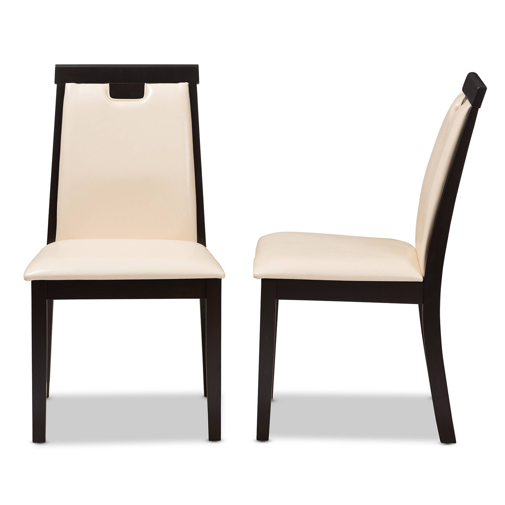 Left. Baxton Studio - Set of 2 Evelyn Modern Faux Leather Upholstered and Finished Dining Chairs - Beige/Dark Brown.