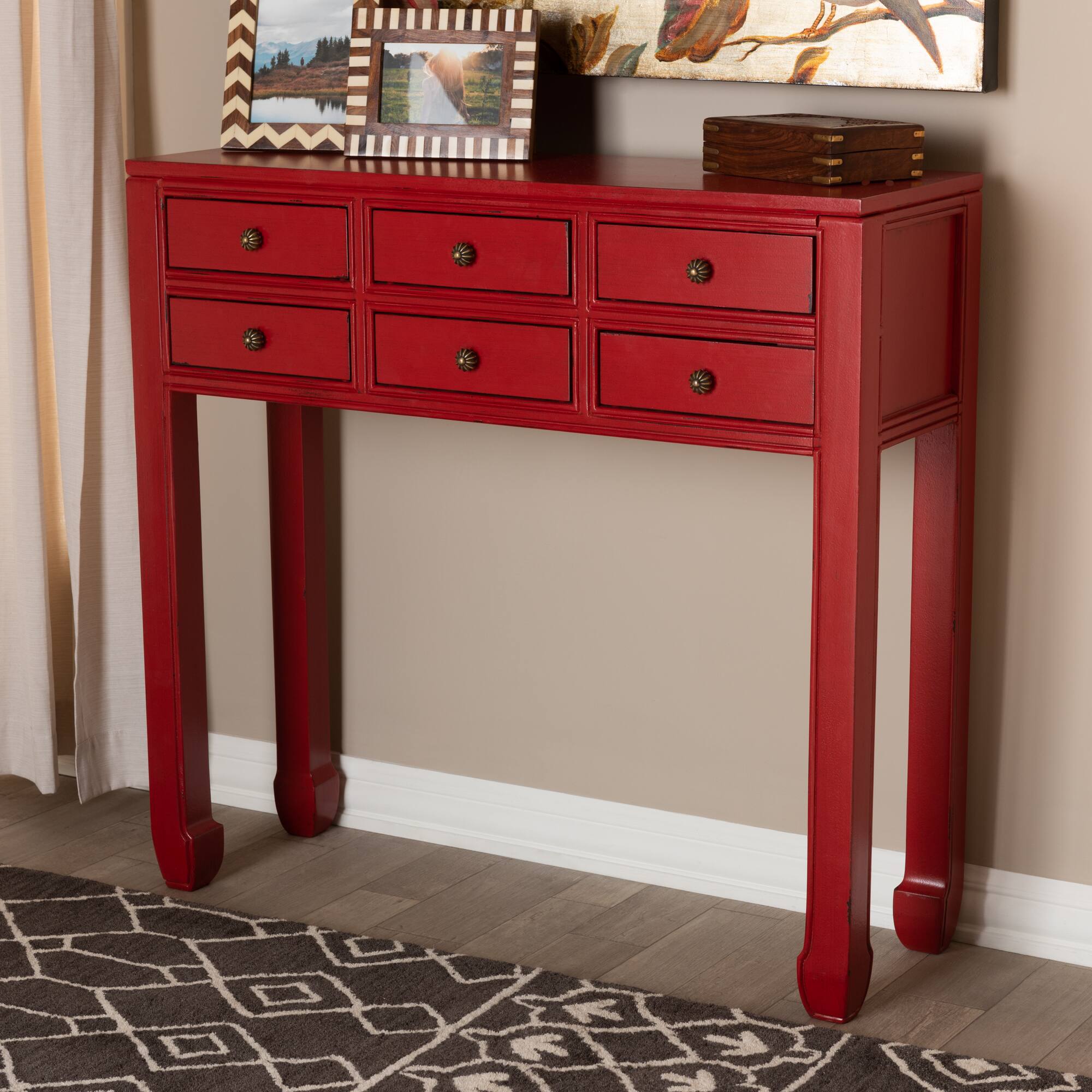 Alt View 5. Baxton Studio - Pomme Classic and Antique Finished Wood Bronze Finished Accents 6-Drawer Console Table - Red.