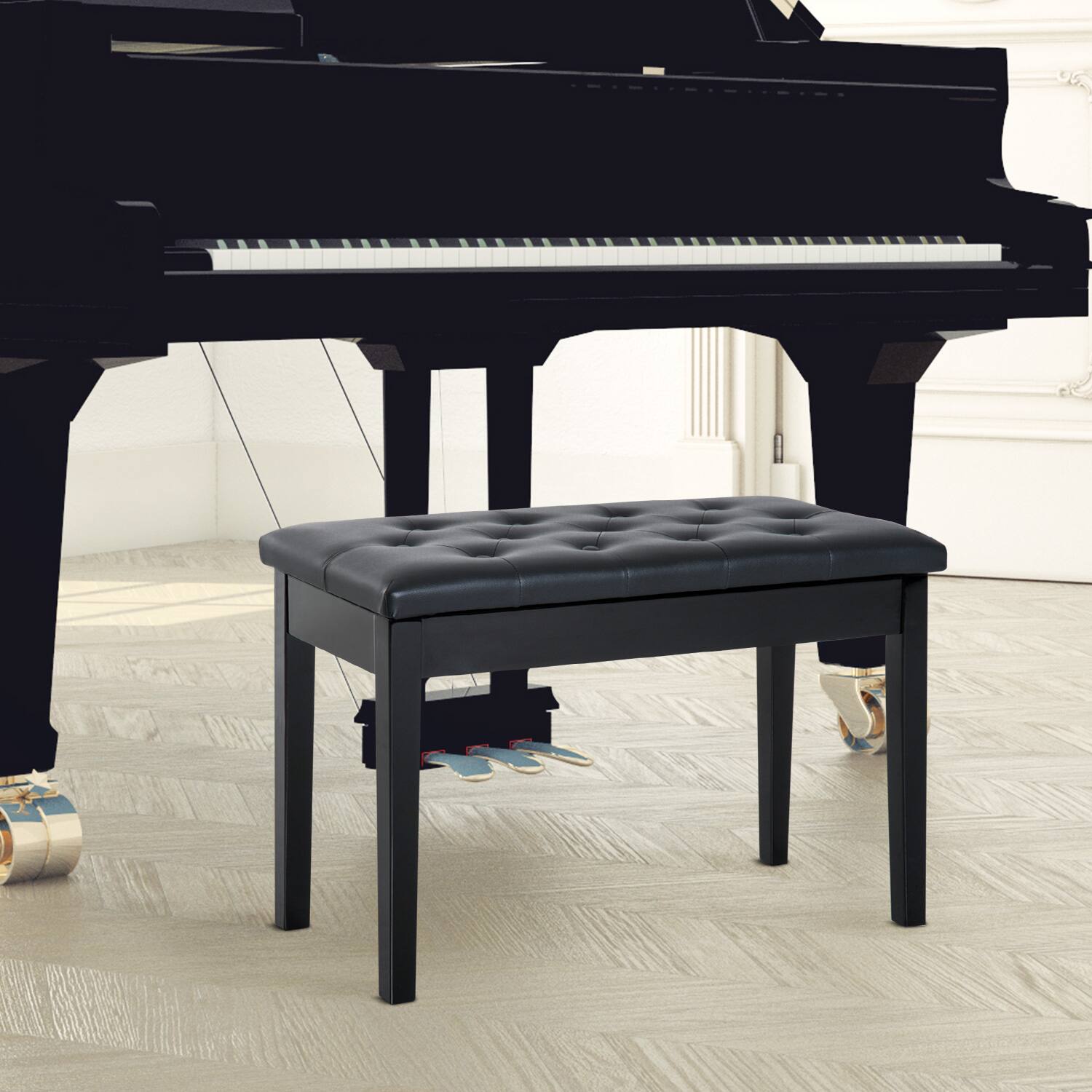 Alt View 1. Homcom - Bench, Duet Piano Chair with Faux Leather Padded Cushion and Wooden Frame - Black.