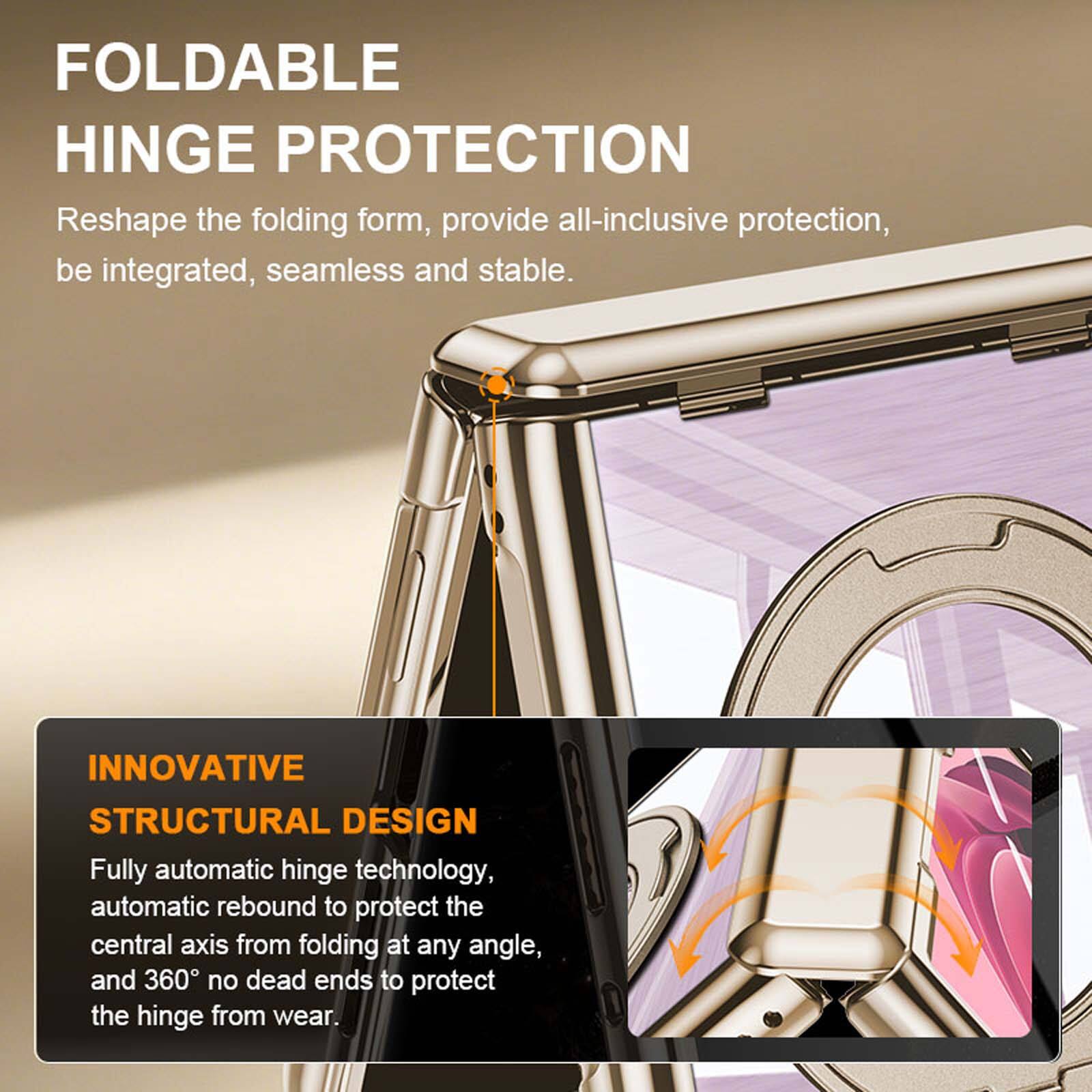 FOLDABLE HINGE PROTECTION  
Reshape the folding form, provide all-inclusive protection, be integrated, seamless and stable.  

INNOVATIVE STRUCTURAL DESIGN  
Fully automatic hinge technology, automatic rebound to protect the central axis from folding at any angle, and 360° no dead ends to protect the hinge from wear.