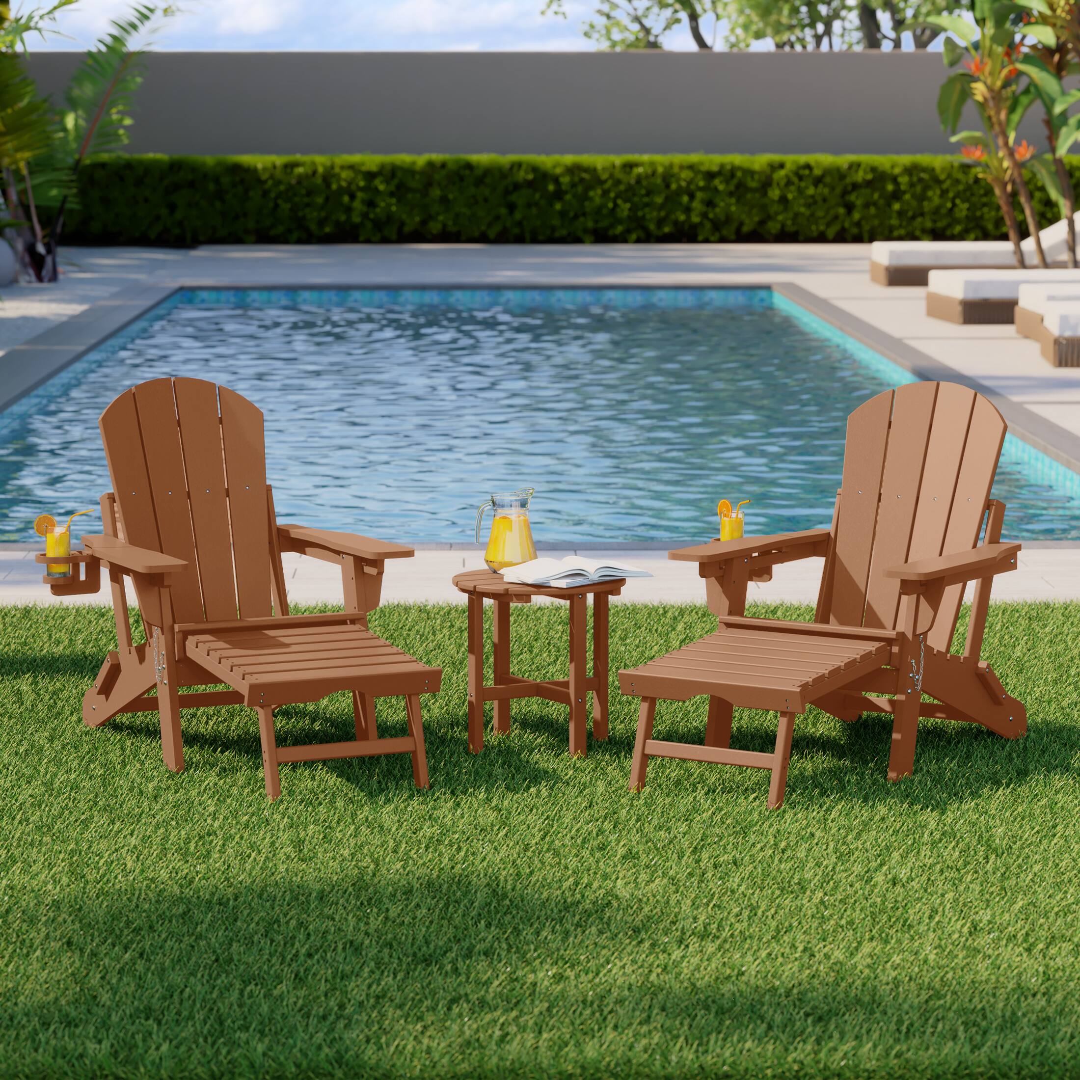 Angle. WestinTrends - WestinTrends Malibu 3-Piece Outdoor Folding Adjustable Adirondack Chair with Cup Holder & Side Table - Teak.