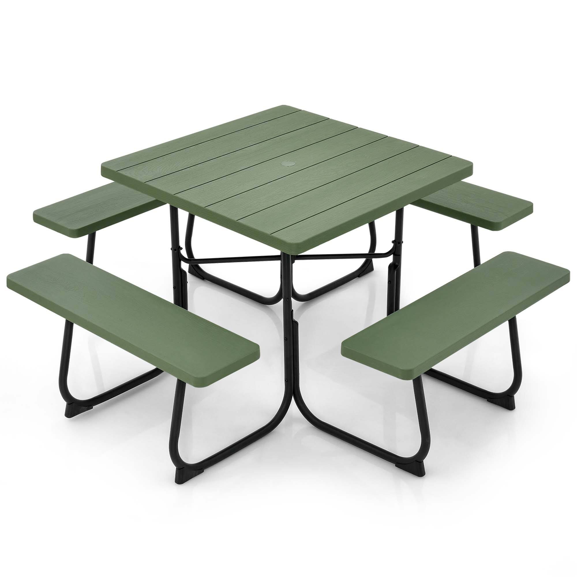 Alt View 9. Costway - Costway Outdoor 8-person Square Picnic Table Bench Set with 4 Benches & Umbrella Hole - Green.