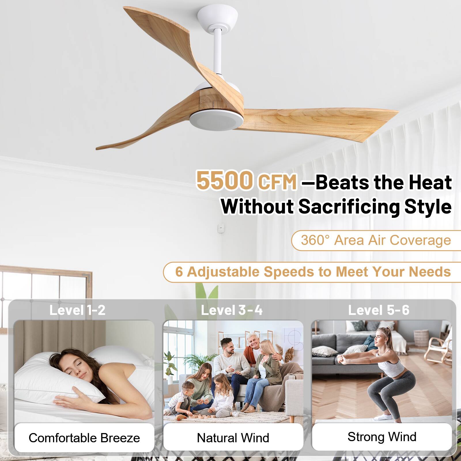 5500 CFM - Beats the Heat Without Sacrificing Style  
360° Area Air Coverage  
6 Adjustable Speeds to Meet Your Needs  
Level 1-2: Comfortable Breeze  
Level 3-4: Natural Wind  
Level 5-6: Strong Wind