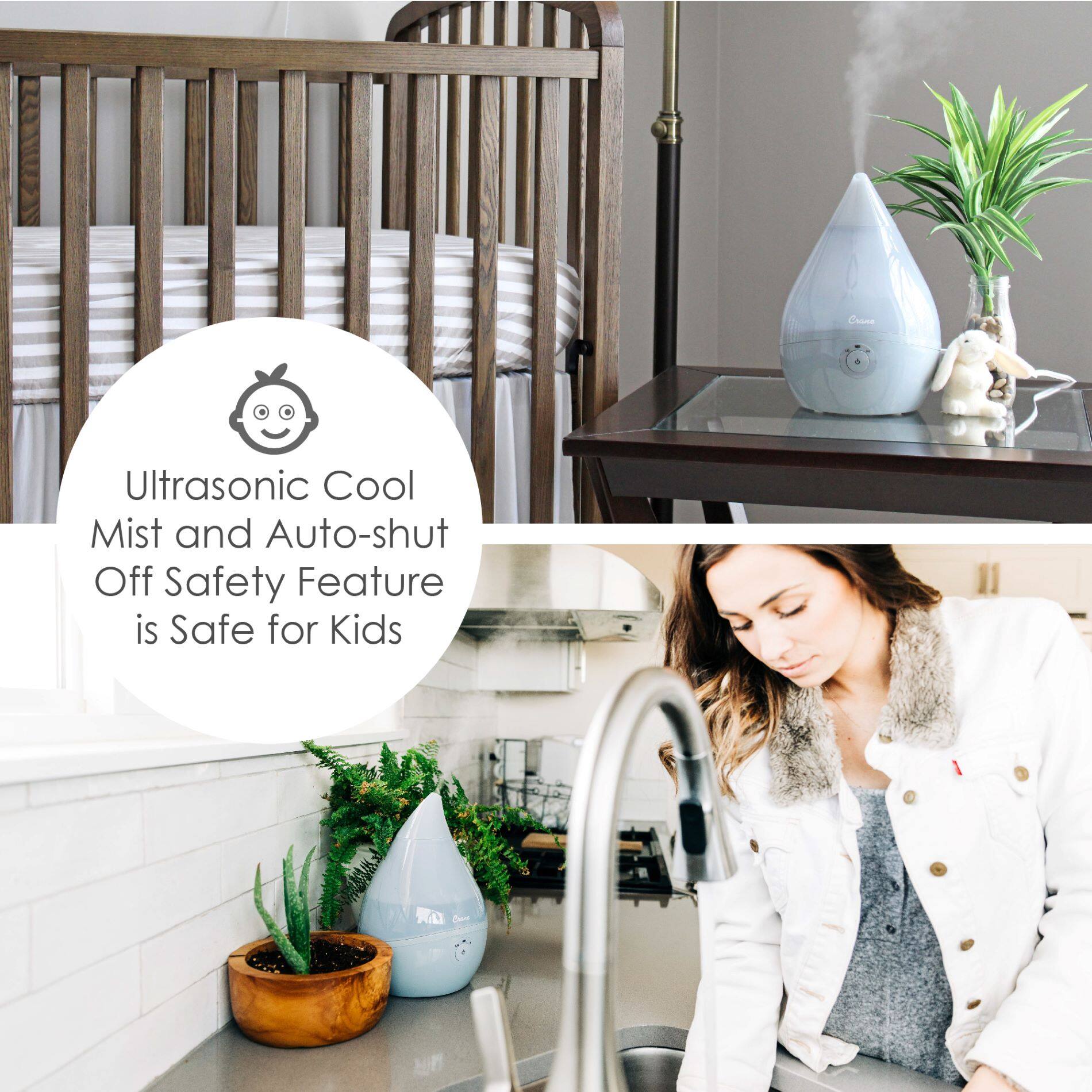 The image features a woman standing in a kitchen, with a potted plant nearby. The kitchen has a sink, a dining table, and a chair. There is also a baby crib in the room. The woman is holding a baby bottle, and a baby is present in the scene. The image is promoting a cool mist and auto-shut off safety feature, which is safe for kids.