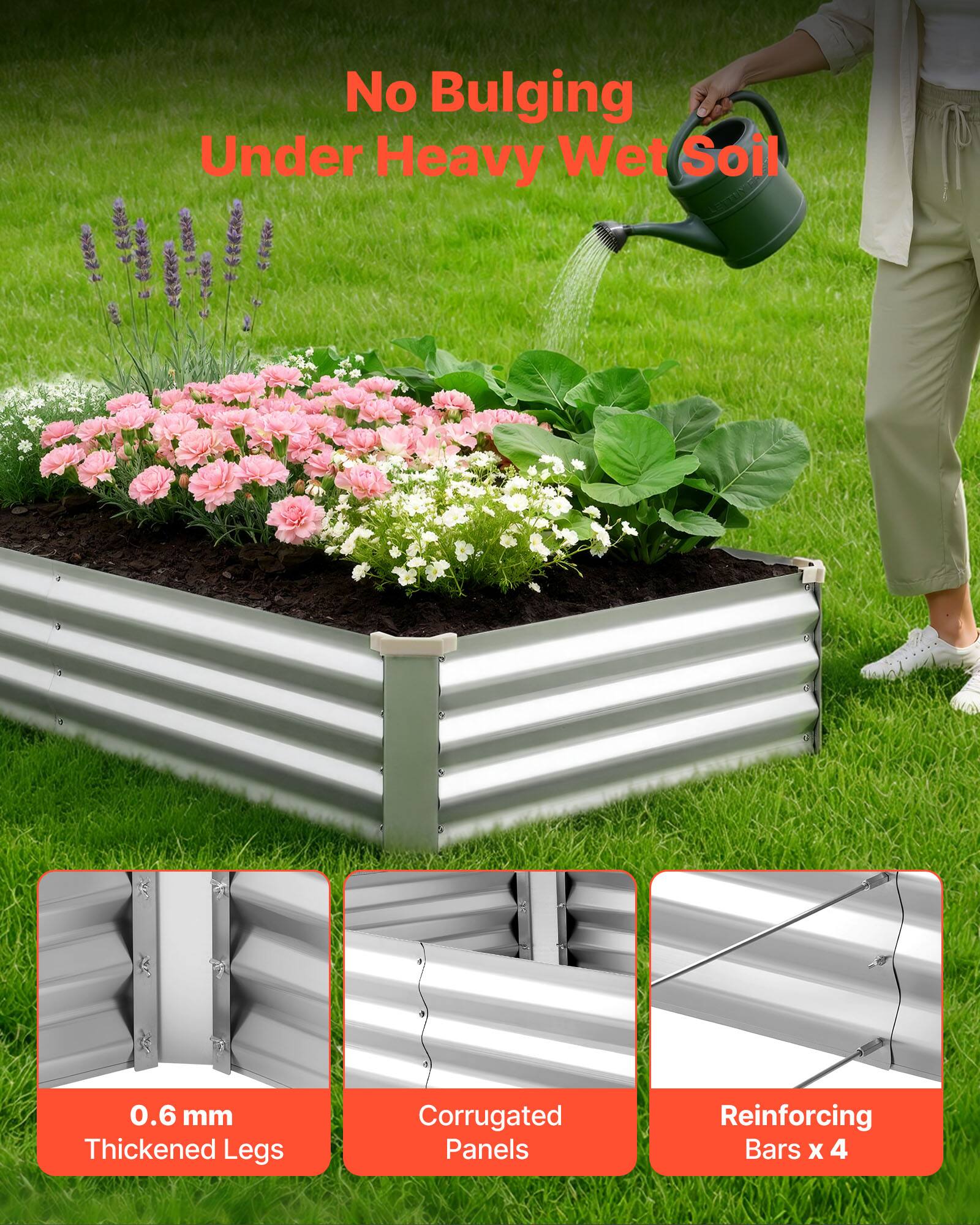 No Bulging Under Heavy Wet Soil  
0.6 mm Thickened Legs  
Corrugated Panels  
Reinforcing Bars x 4