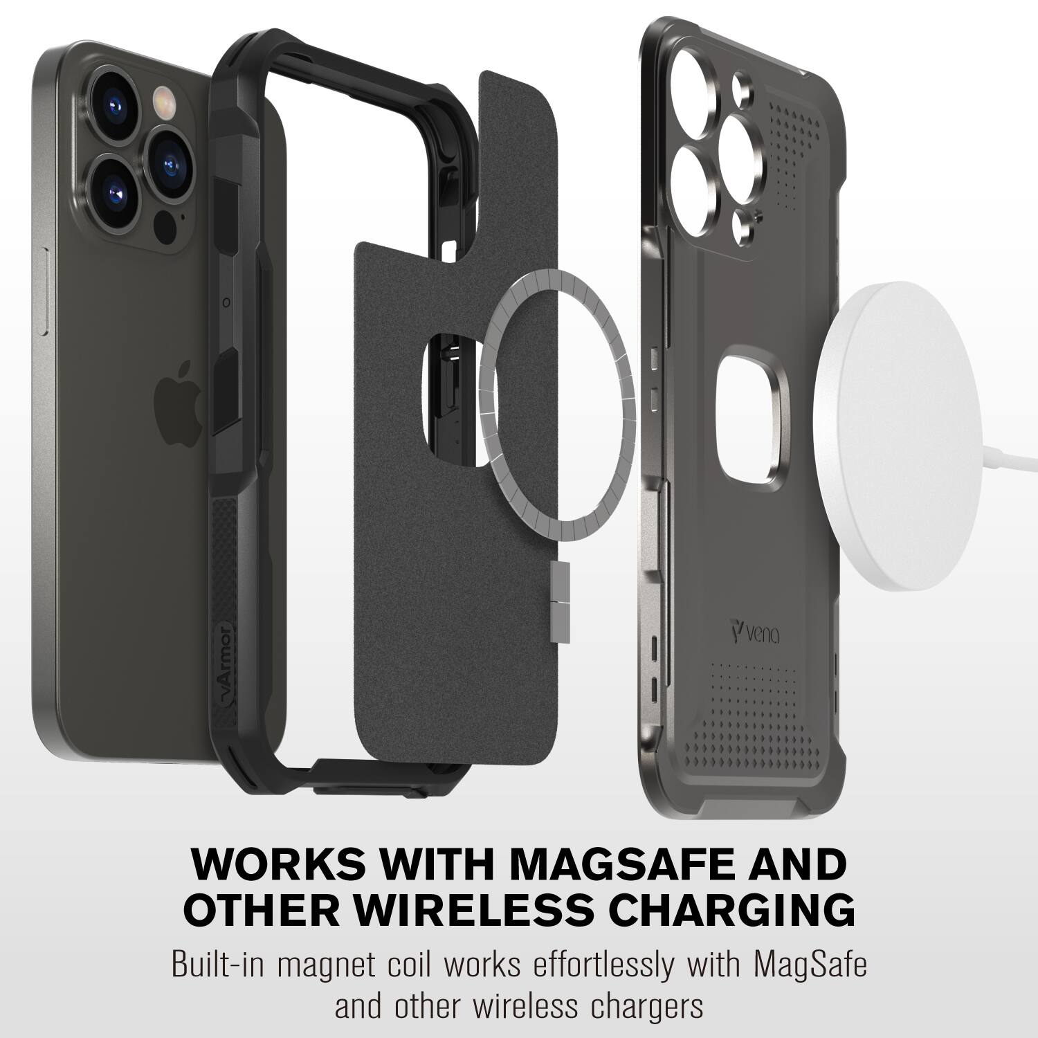 WORKS WITH MAGSAFE AND OTHER WIRELESS CHARGING

Built-in magnet coil works effortlessly with MagSafe and other wireless chargers