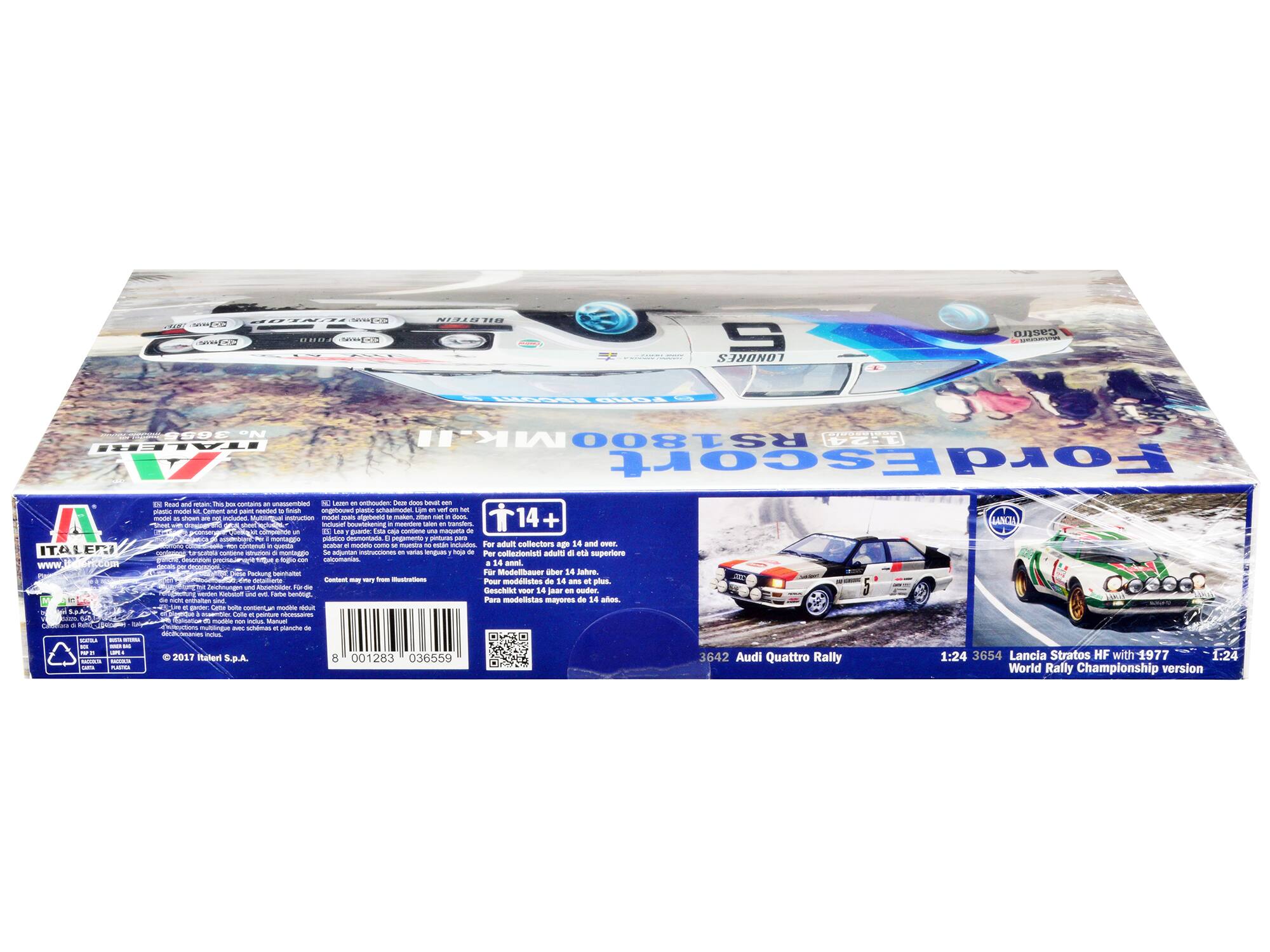 Sure, here is the corrected and grouped text from the image:

---

**Front of the Box:**

- **Model:** Lancia Stratos HF with 1977 World Rally Championship version
- **Scale:** 1:24
- **Item Number:** 3654
- **Brand:** Italeri
- **Age Recommendation:** 14+
- **Text:** For adult collectors 14 and over. Für Modellbauer über 14 Jahre. Para modelistas mayores de 14 años.

**Side of the Box:**

- **Model:** Audi Quattro Rally
- **Scale:** 1:24
- **Item Number:** 3642

**Back of the Box:**

- **Text:** 
  - "This box contains an assembled plastic model kit. Cement and paint needed to finish. Le contenu de cette boîte contient un modèle en plastique assemblé. Il est nécessaire d'ajouter de la colle et de la peinture pour terminer. Inhalt: Dieses Päckchen enthält ein zusammengebautes Plastikmodell. Es ist notwendig, Kleber und Farben hinzuzuf