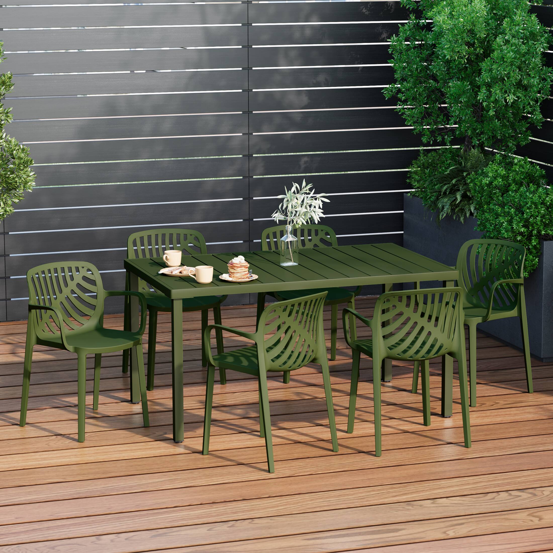 Angle. WestinTrends - WestinTrends Playa 7-Piece Outdoor Metal Rectangle Patio Dining Table Set With Stackable Resin Patio Dining Chairs - Olive Green.