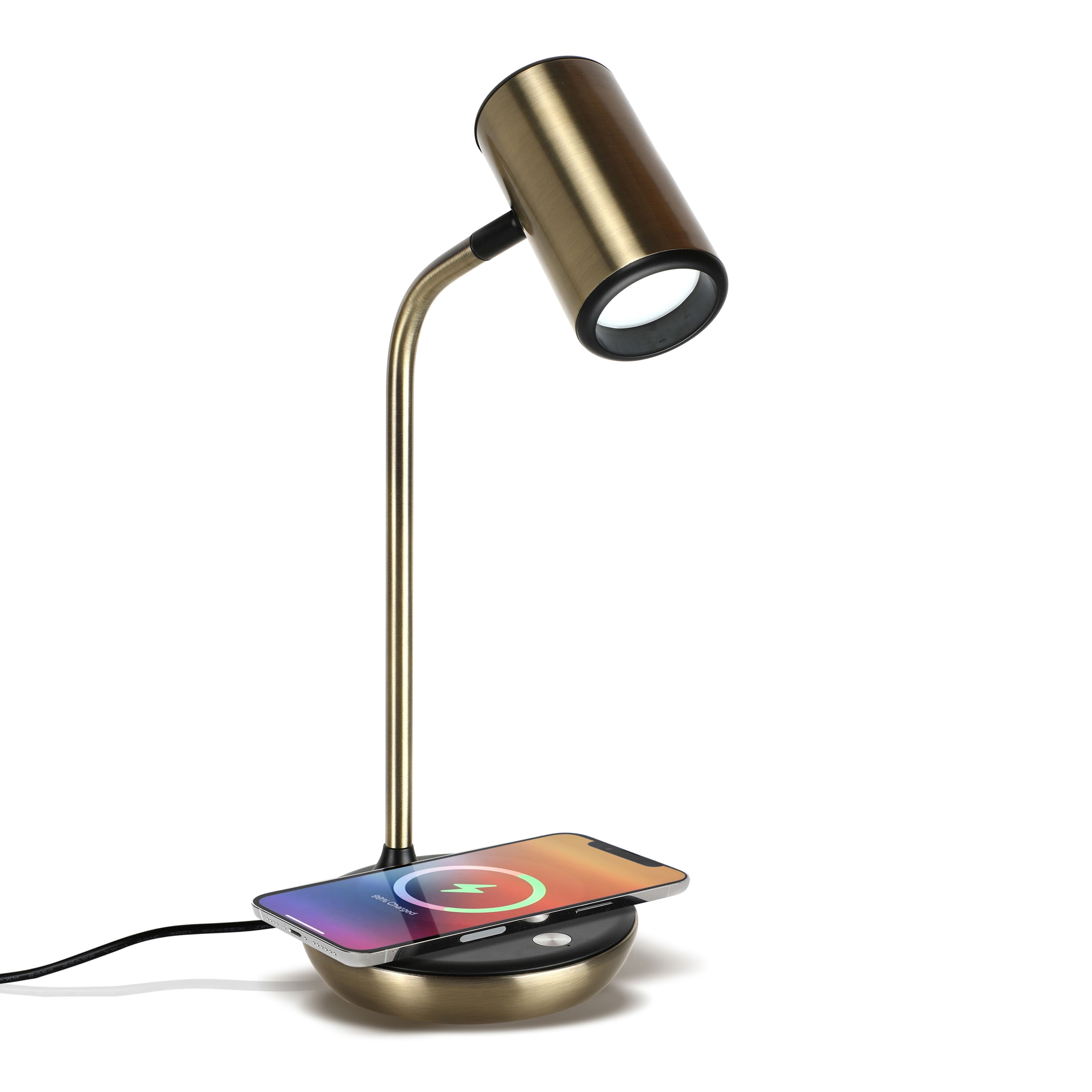 Brightech - Ezra LED Modern Industrial Arc Dimmable Bedside Nightstand Desk Lamp with Wireless Charging Pad - Antiqued Brass price history on PriceWatchPro