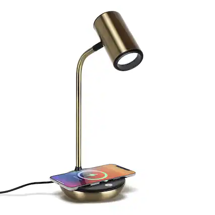 Front. Brightech - Ezra LED Modern Industrial Arc Dimmable Bedside Nightstand Desk Lamp with Wireless Charging Pad - Antiqued Brass.
