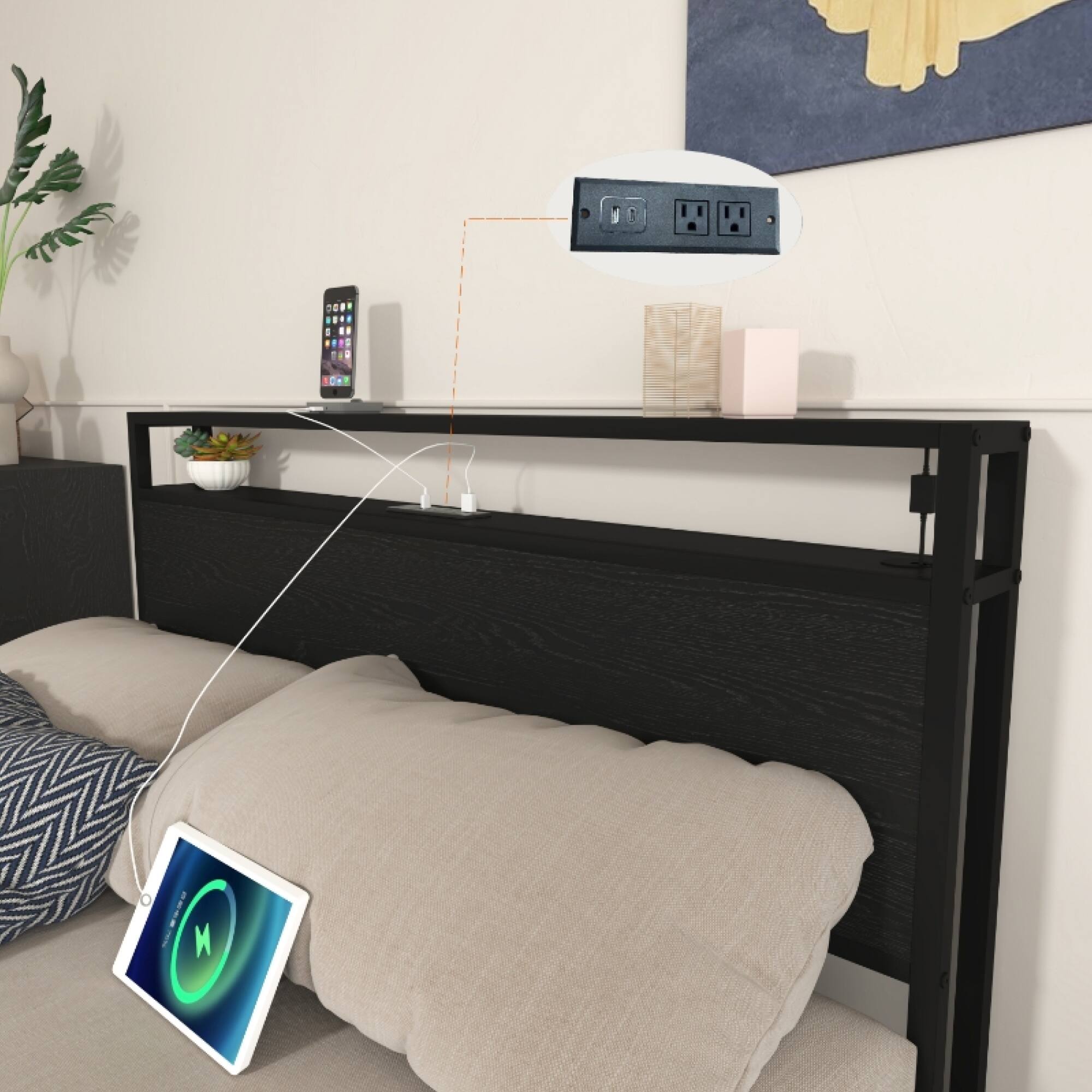 Alt View 5. GOODSILO - Full Size Storage Bed Frame with LED Headboard and Charging Station - Black.