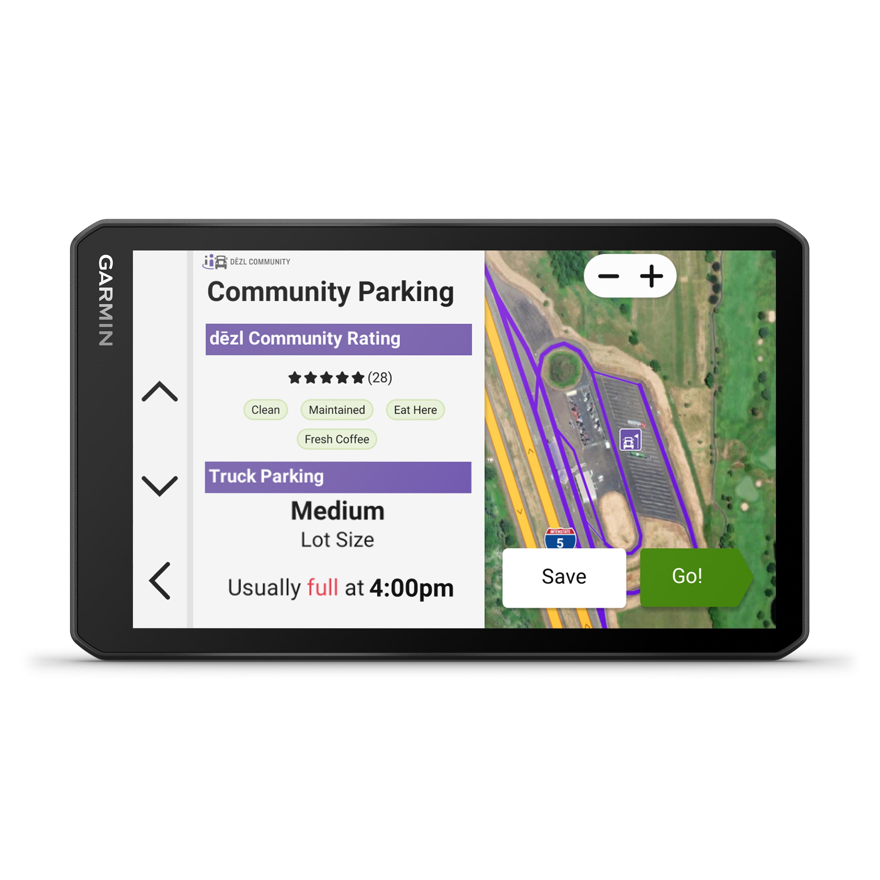 Garmin Community Parking:
* Community Rating: 28 stars
* Clean and Maintained
* Eat Here
* Fresh Coffee
* Truck Parking
* Medium Lot Size
* Usually full at 4:00 pm
* Save
* Go!