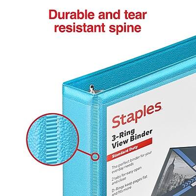 Durable and tear resistant spine

Staples 3-Ring View Binder
Standard Duty

1. Perfect binder for your everyday needs
2. Easy open and close
3. D-Rings keep pages fat
4. Fits more pages