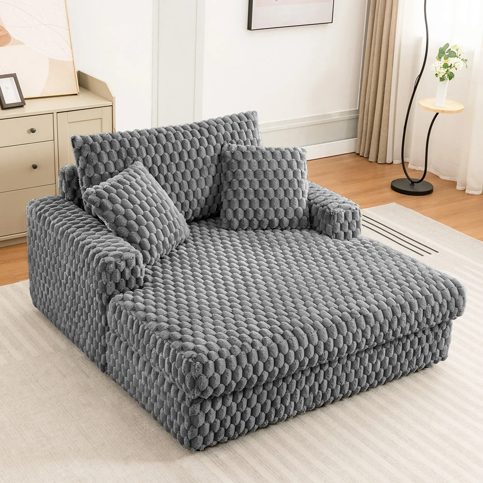 Front. KERDOM - 58'' Oversized Chaise Lounge, Living Room Plush Sofa Bed Chair Bed, Sleeper Couch Bed With Storage Space Office Daybed - Grey.