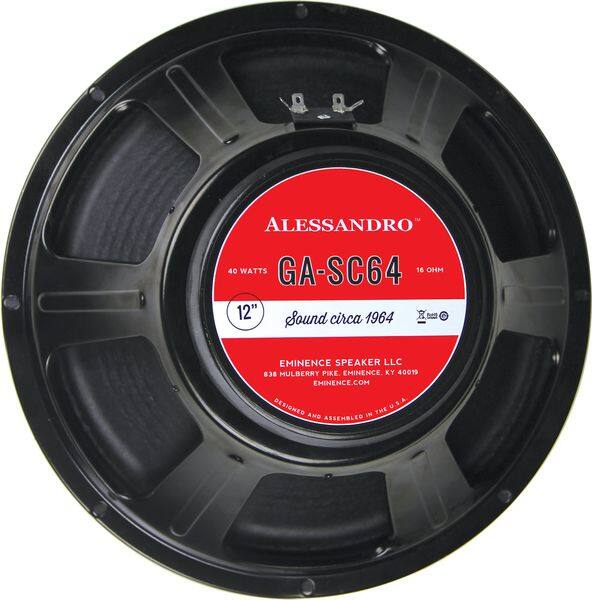 ALESSANDRO  
GA-SC64  
40 WATTS  
16 OHM  
12"  
Sound circa 1964  

EMINENCE SPEAKER LLC  
838 MULBERRY PIKE  
EMINENCE, KY 40019  
EMINENCE.COM  

DESIGNED IN THE USA  
ASSEMBLED IN CHINA